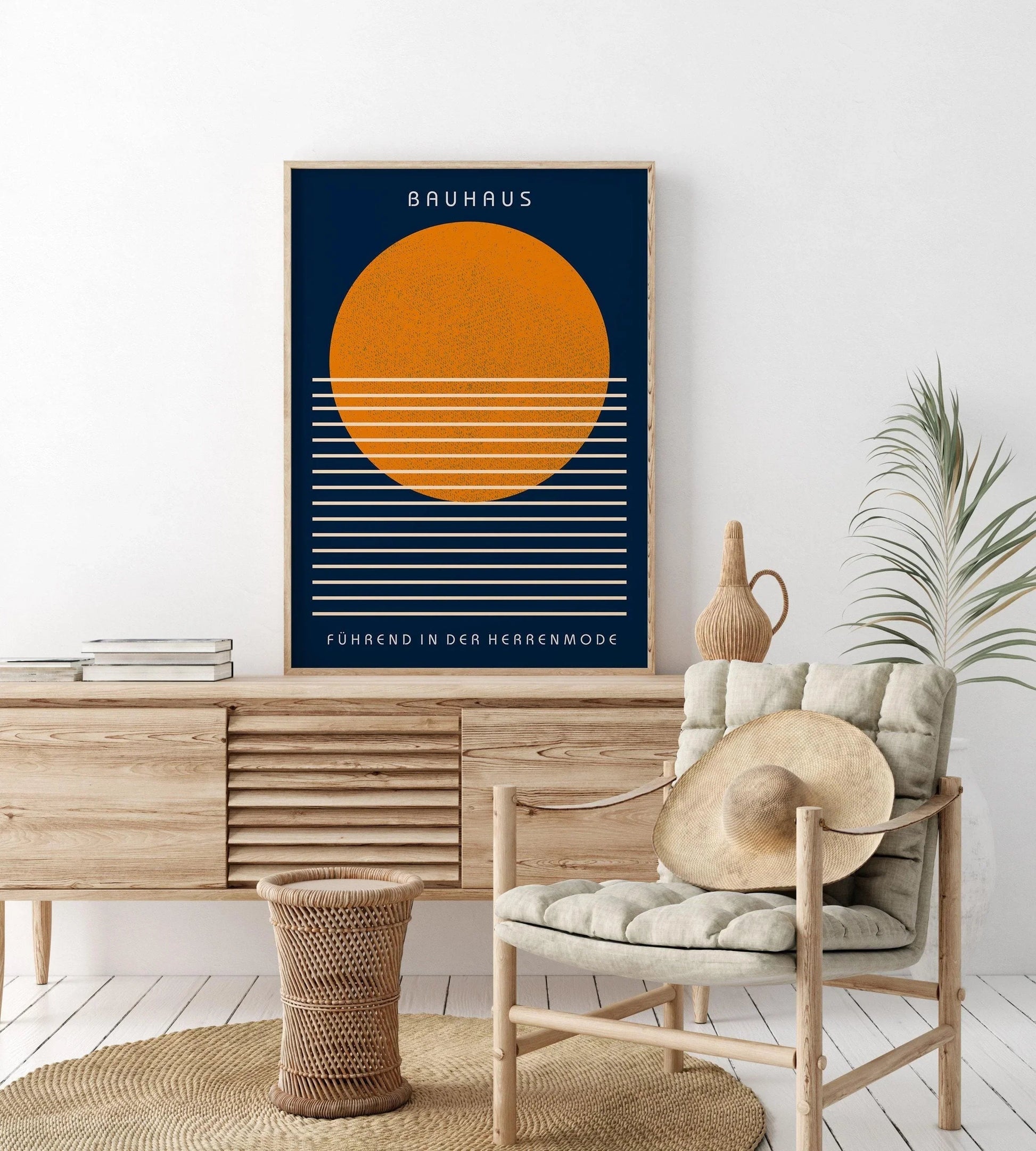 Estampe Bauhaus : Impression giclée moderne du milieu du siècle, bleu marine et orange