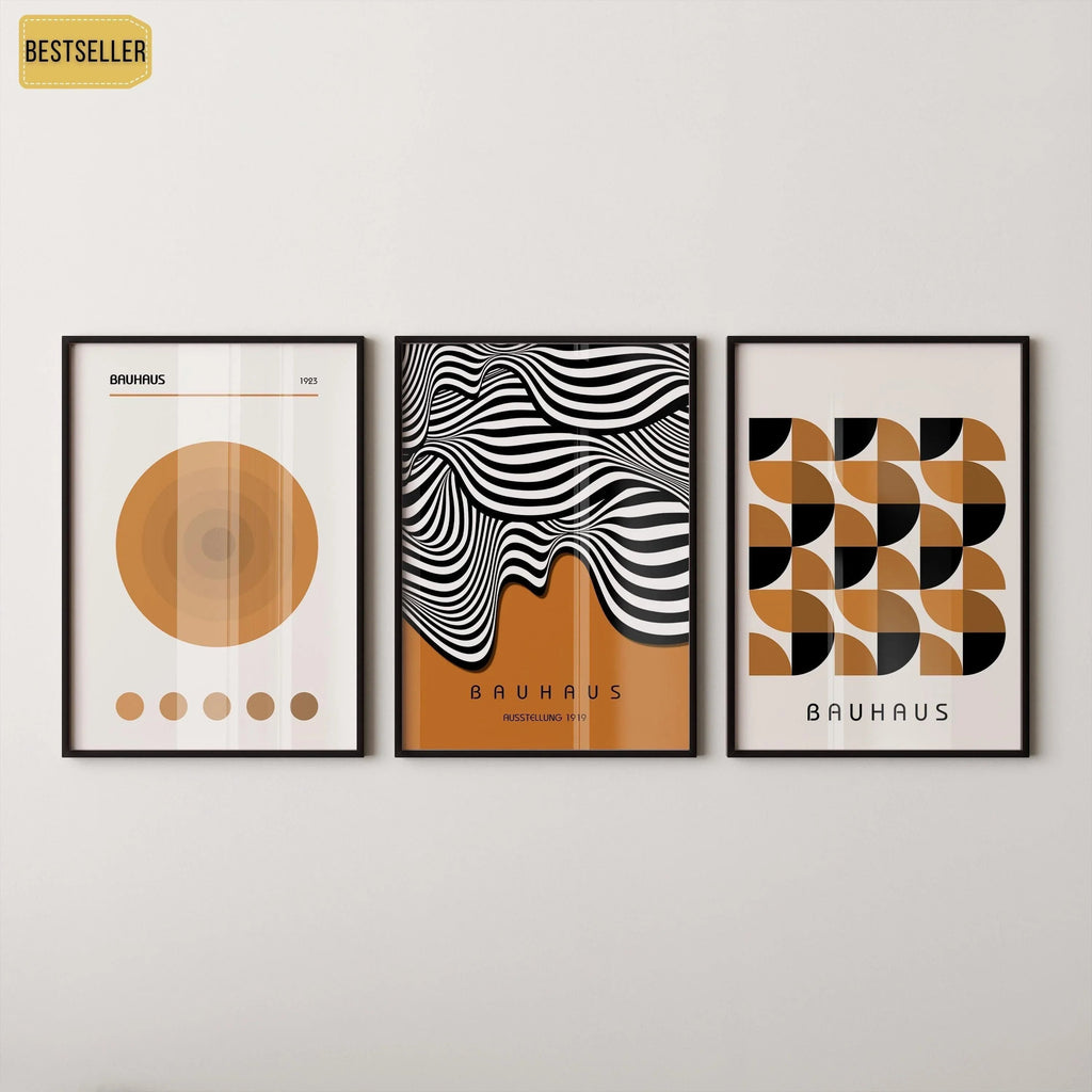 Estampes Bauhaus : Trio moderne du milieu du siècle, affiches géométriques brunes