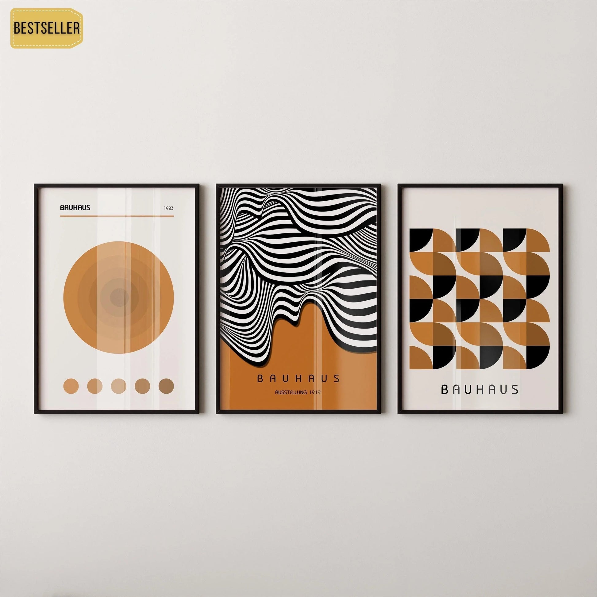 Estampes Bauhaus : Trio moderne du milieu du siècle, affiches géométriques brunes