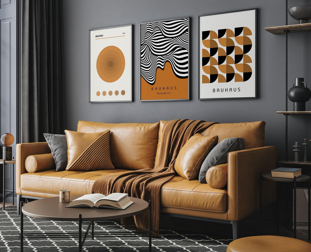 Estampes Bauhaus : Trio moderne du milieu du siècle, affiches géométriques brunes