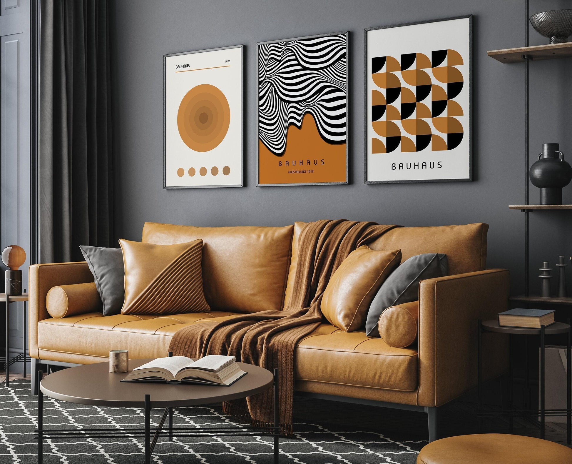 Estampes Bauhaus : Trio moderne du milieu du siècle, affiches géométriques brunes