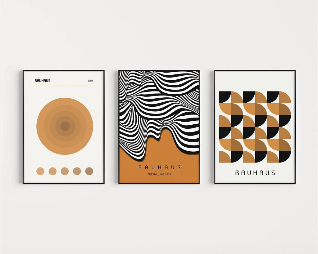 Estampes Bauhaus : Trio moderne du milieu du siècle, affiches géométriques brunes