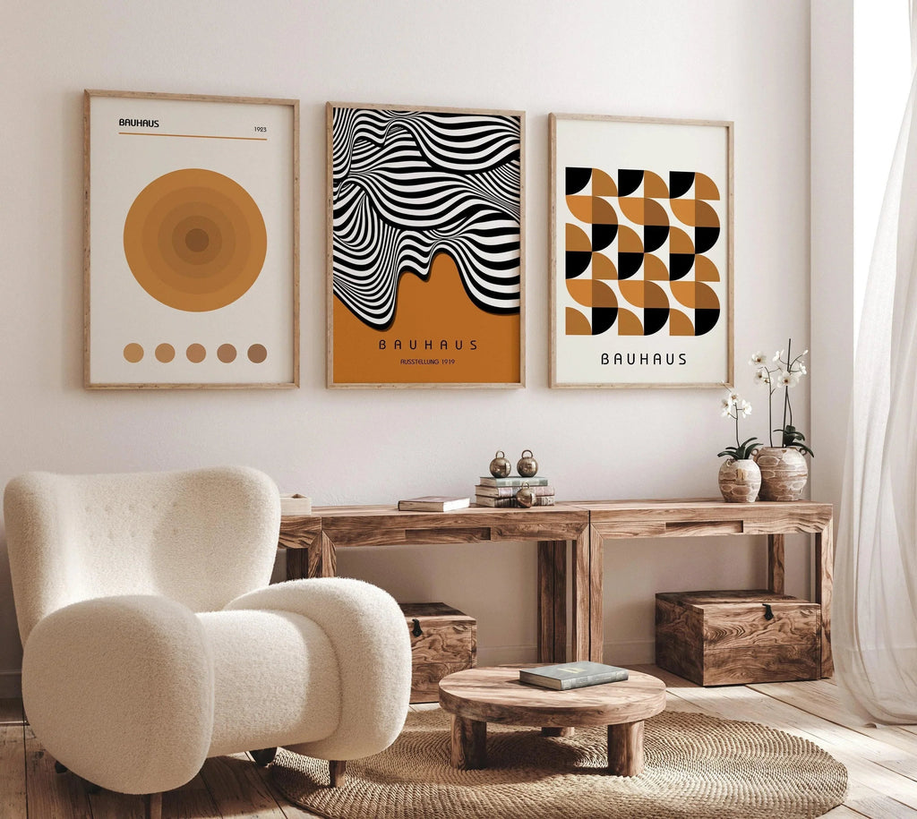 Estampes Bauhaus : Trio moderne du milieu du siècle, affiches géométriques brunes