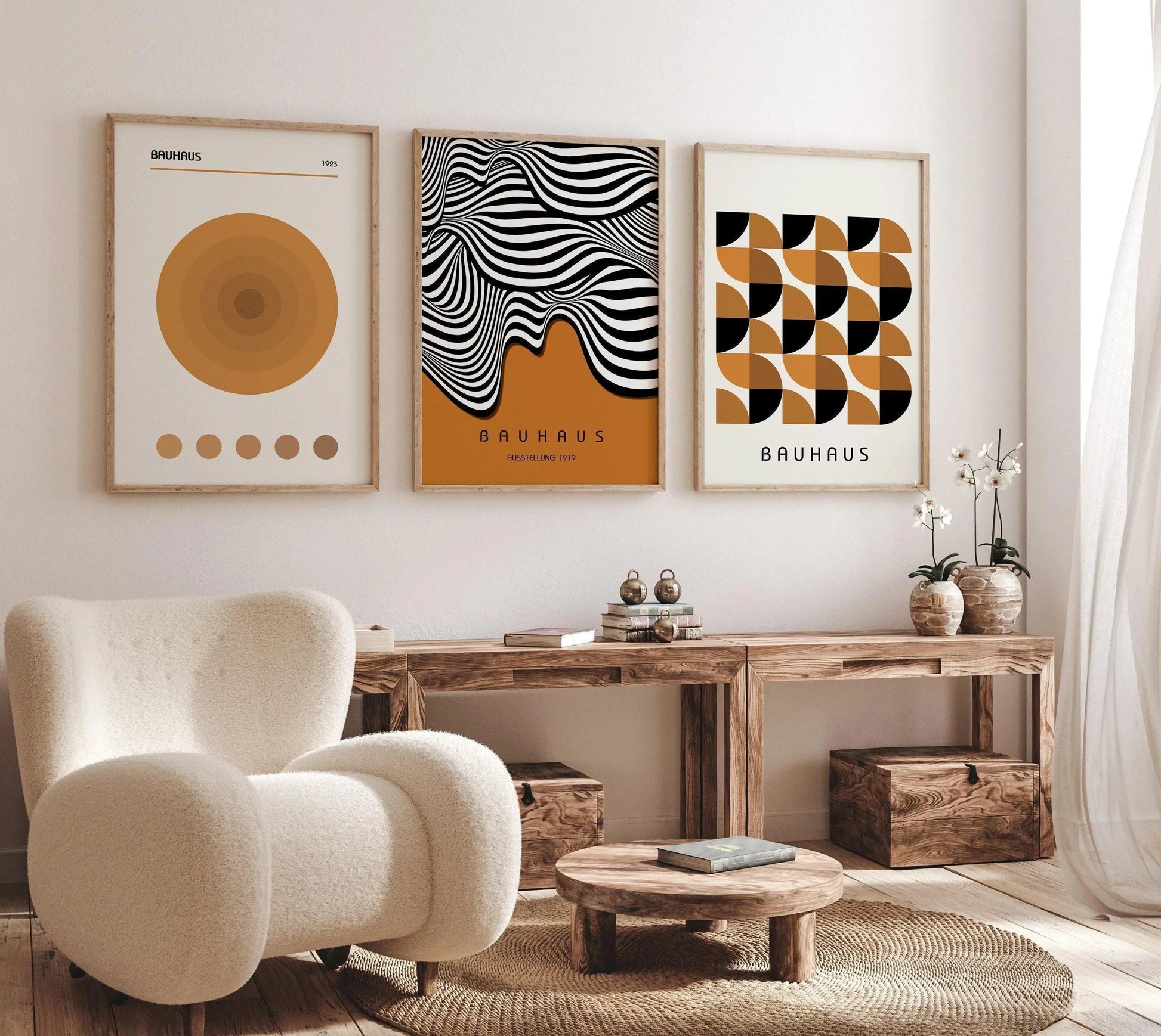 Estampes Bauhaus : Trio moderne du milieu du siècle, affiches géométriques brunes
