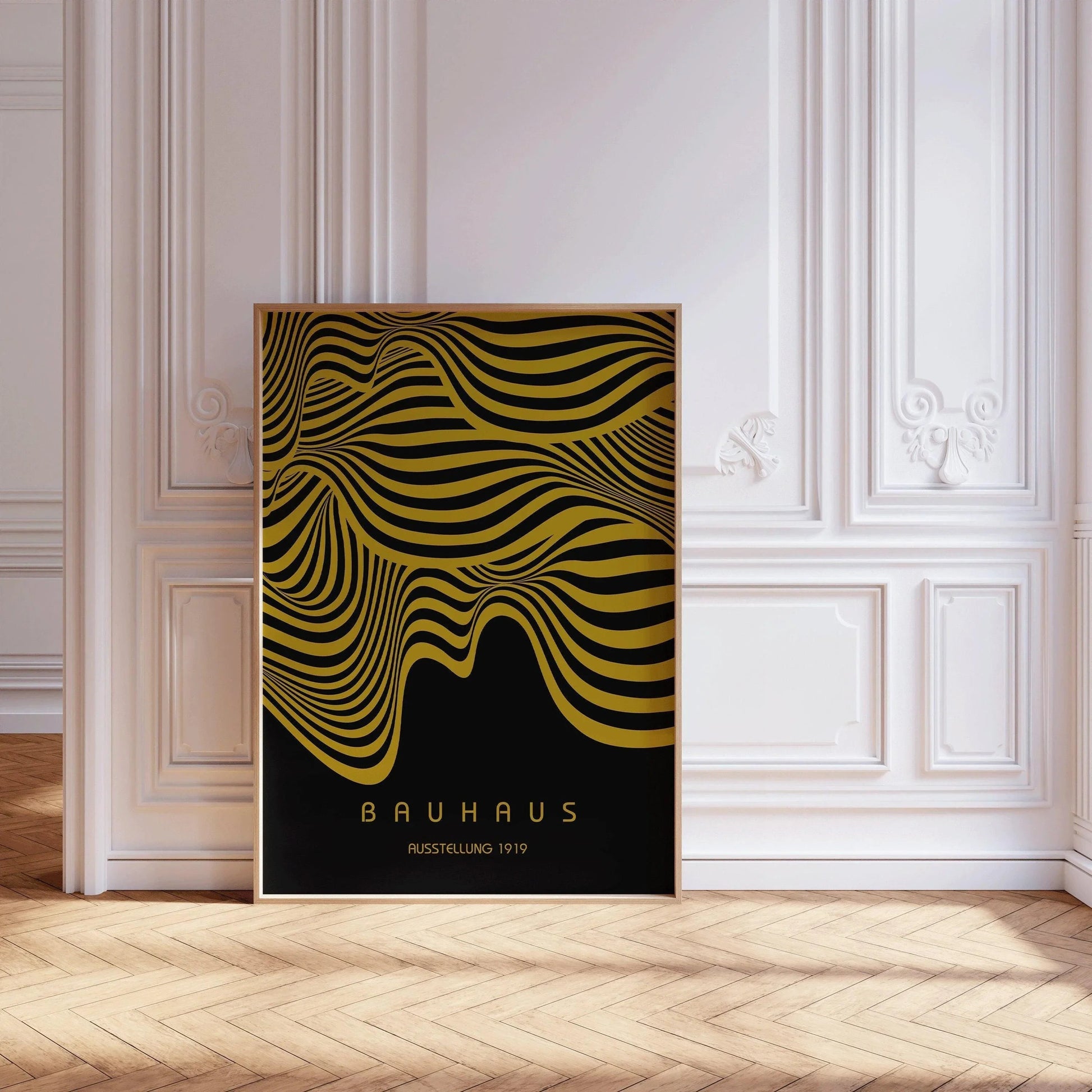 Exposition Bauhaus Noir et Or (Vagues) | Affiche vintage moderne du milieu du siècle (Disponible encadrée à la main ou non encadrée)