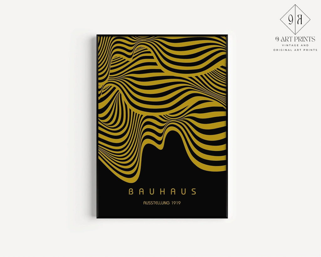 Exposition Bauhaus Noir et Or (Vagues) | Affiche vintage moderne du milieu du siècle (Disponible encadrée à la main ou non encadrée)
