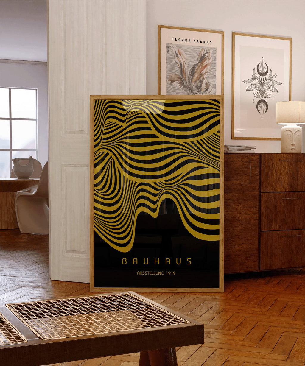 Exposition Bauhaus Noir et Or (Vagues) | Affiche vintage moderne du milieu du siècle (Disponible encadrée à la main ou non encadrée)