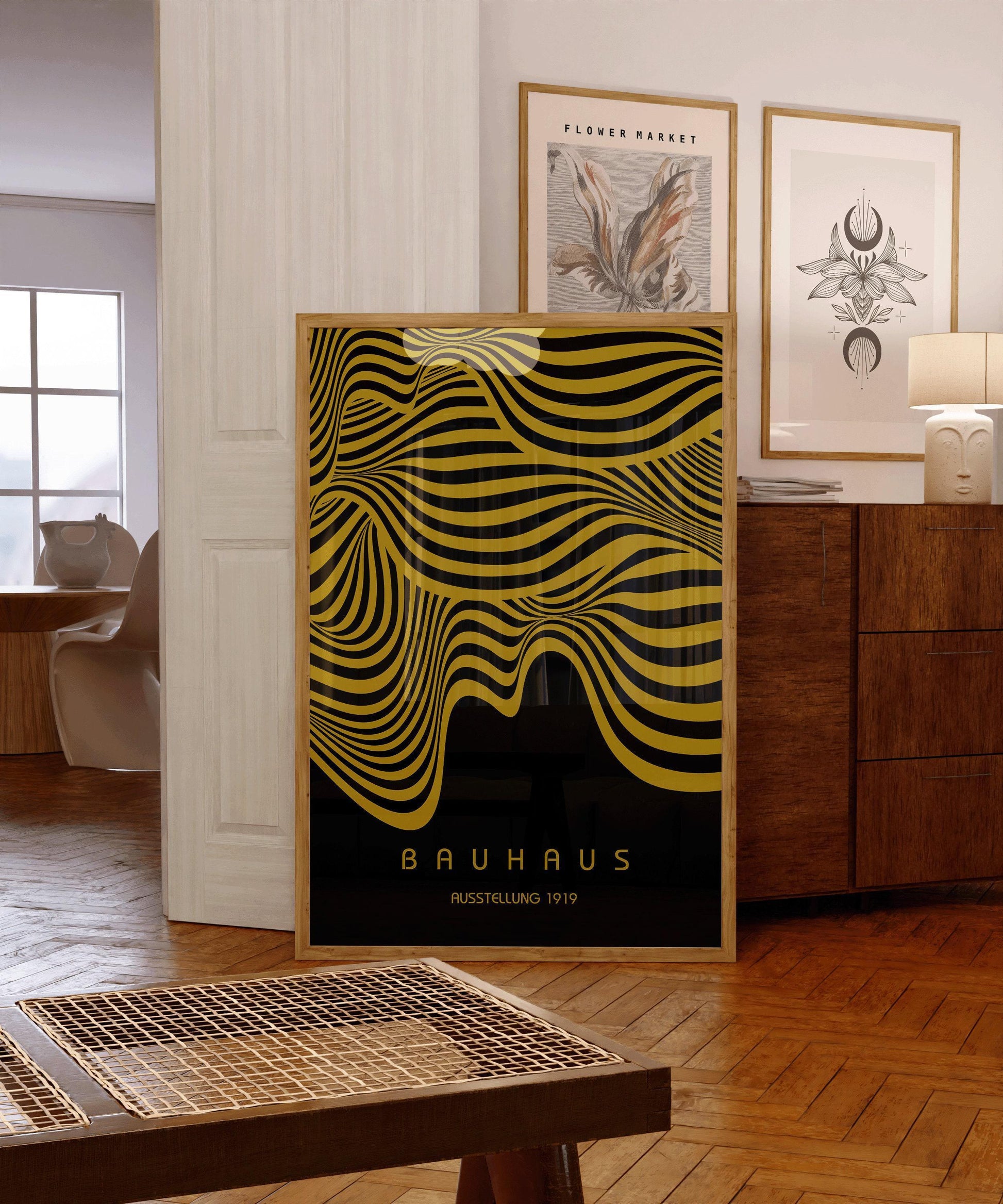 Exposition Bauhaus Noir et Or (Vagues) | Affiche vintage moderne du milieu du siècle (Disponible encadrée à la main ou non encadrée)