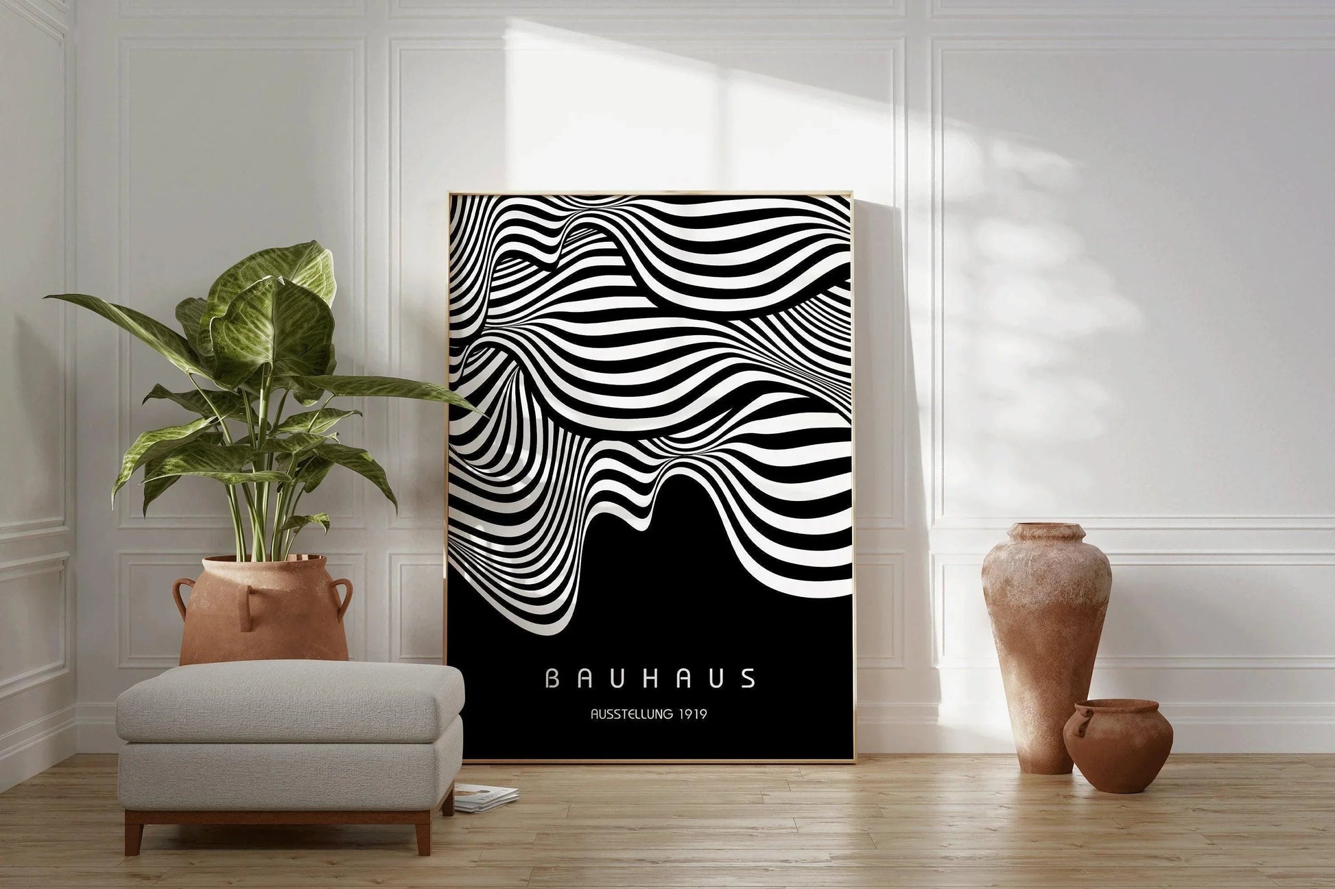 Affiche Bauhaus Ausstellung Black (Waves) | Affiche vintage moderne du milieu du siècle (Disponible encadrée à la main ou non encadrée)