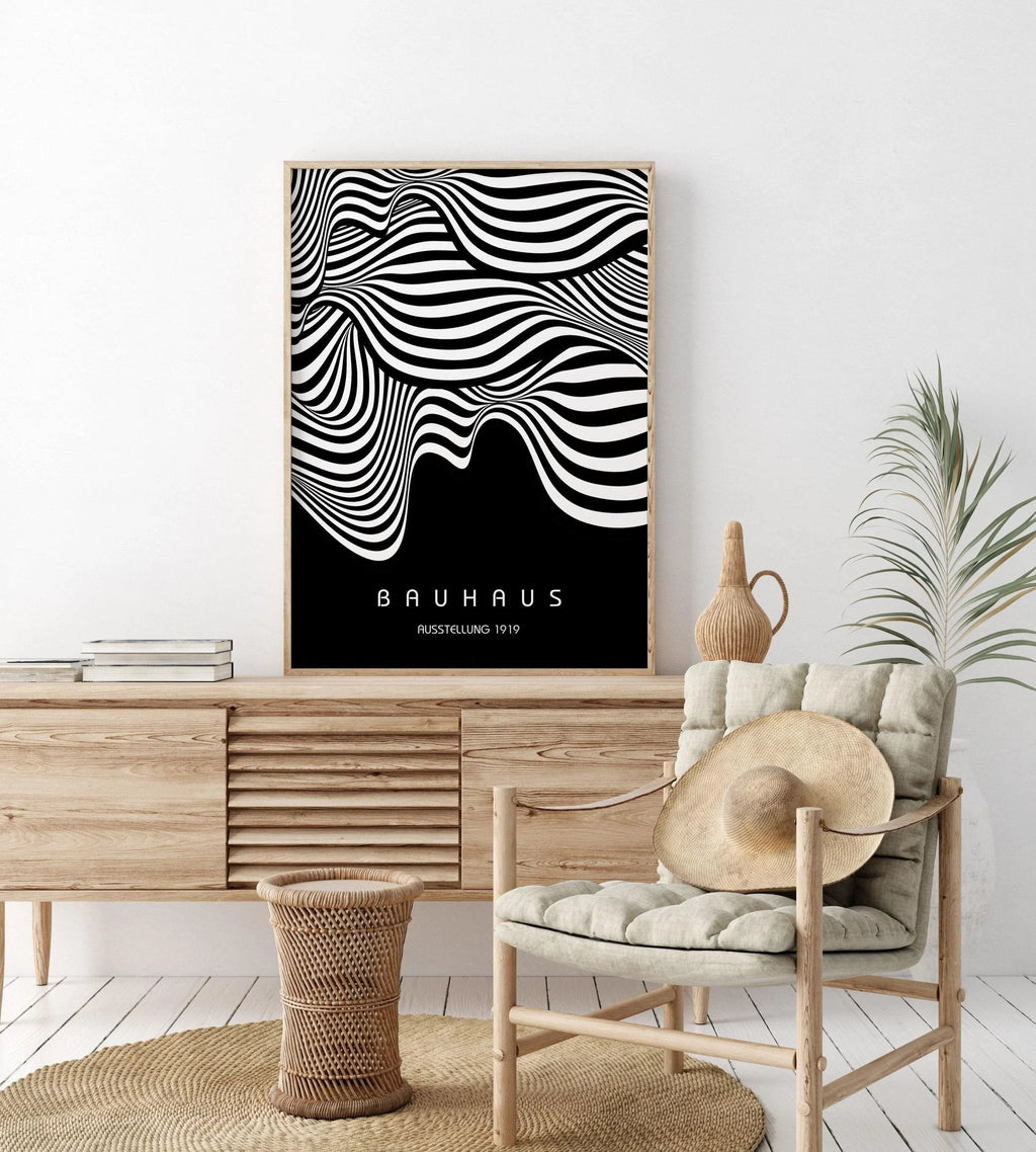 Affiche Bauhaus Ausstellung Black (Waves) | Affiche vintage moderne du milieu du siècle (Disponible encadrée à la main ou non encadrée)