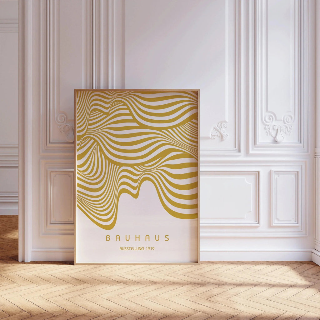 Exposition Bauhaus Blanc et Or (Vagues) | Affiche vintage moderne du milieu du siècle (Disponible encadrée à la main ou non encadrée)