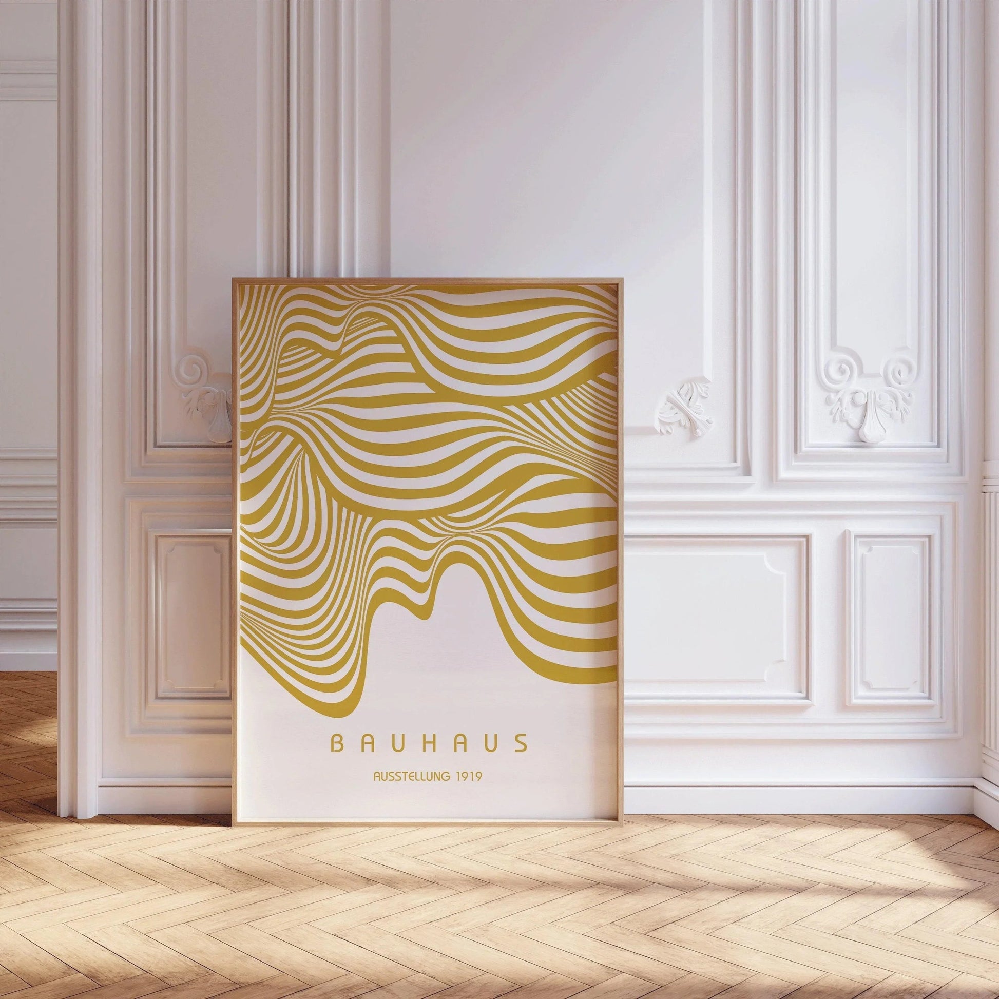 Exposition Bauhaus Blanc et Or (Vagues) | Affiche vintage moderne du milieu du siècle (Disponible encadrée à la main ou non encadrée)