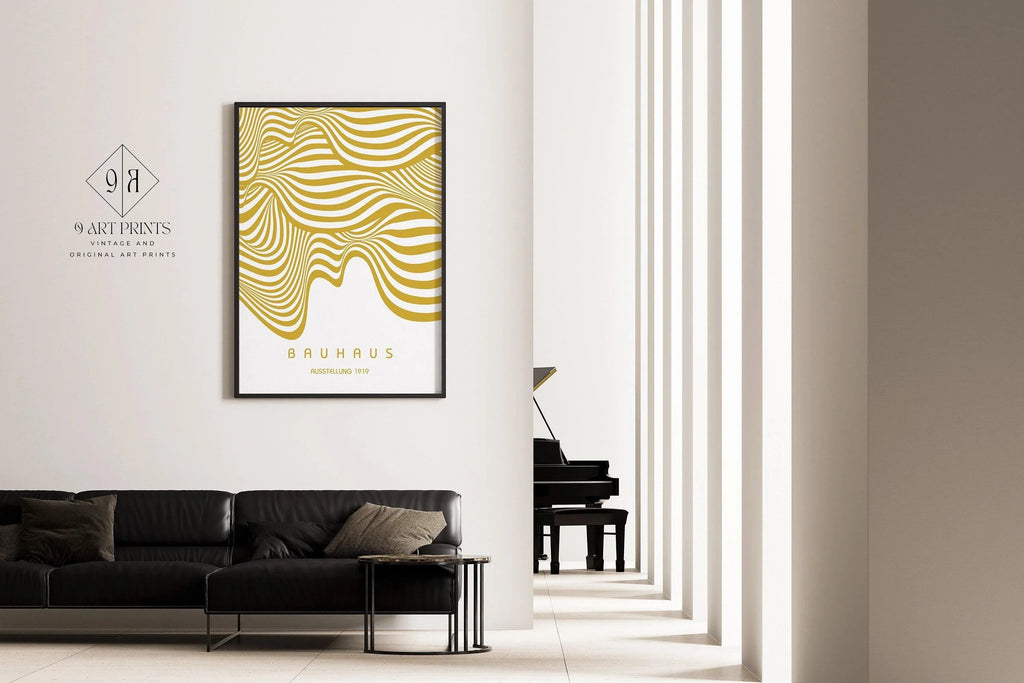 Exposition Bauhaus Blanc et Or (Vagues) | Affiche vintage moderne du milieu du siècle (Disponible encadrée à la main ou non encadrée)