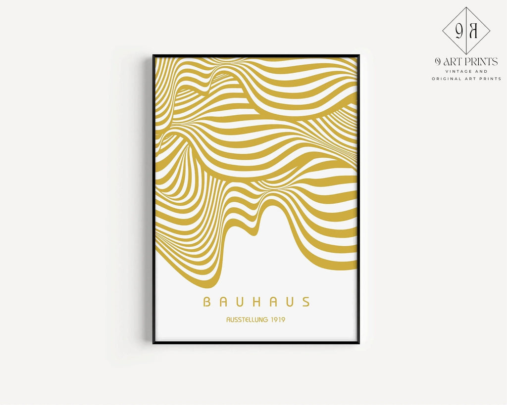 Exposition Bauhaus Blanc et Or (Vagues) | Affiche vintage moderne du milieu du siècle (Disponible encadrée à la main ou non encadrée)