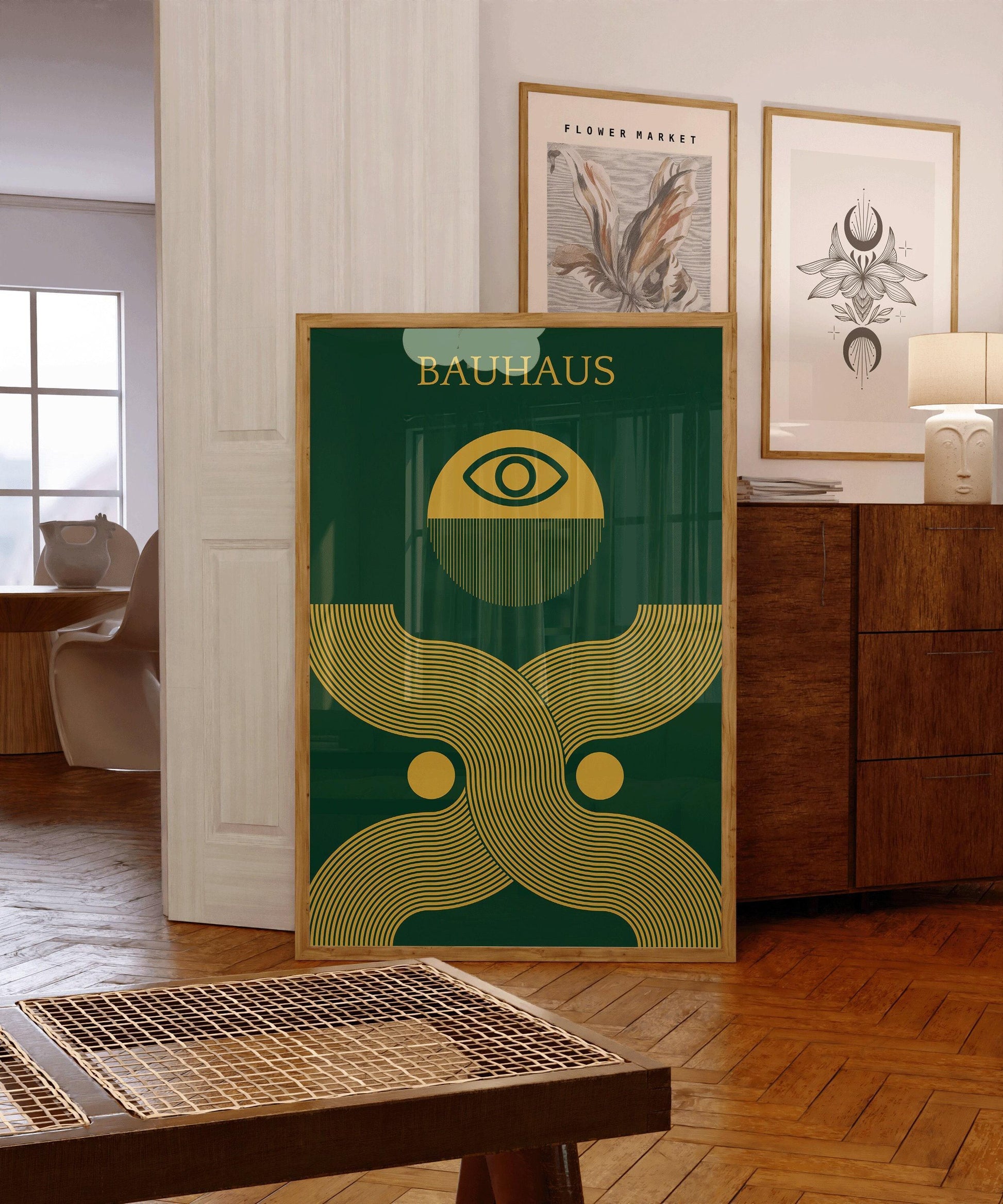 Impression giclée Bauhaus « Deus Ex » : Vert forêt et or, style moderne du milieu du XXe siècle