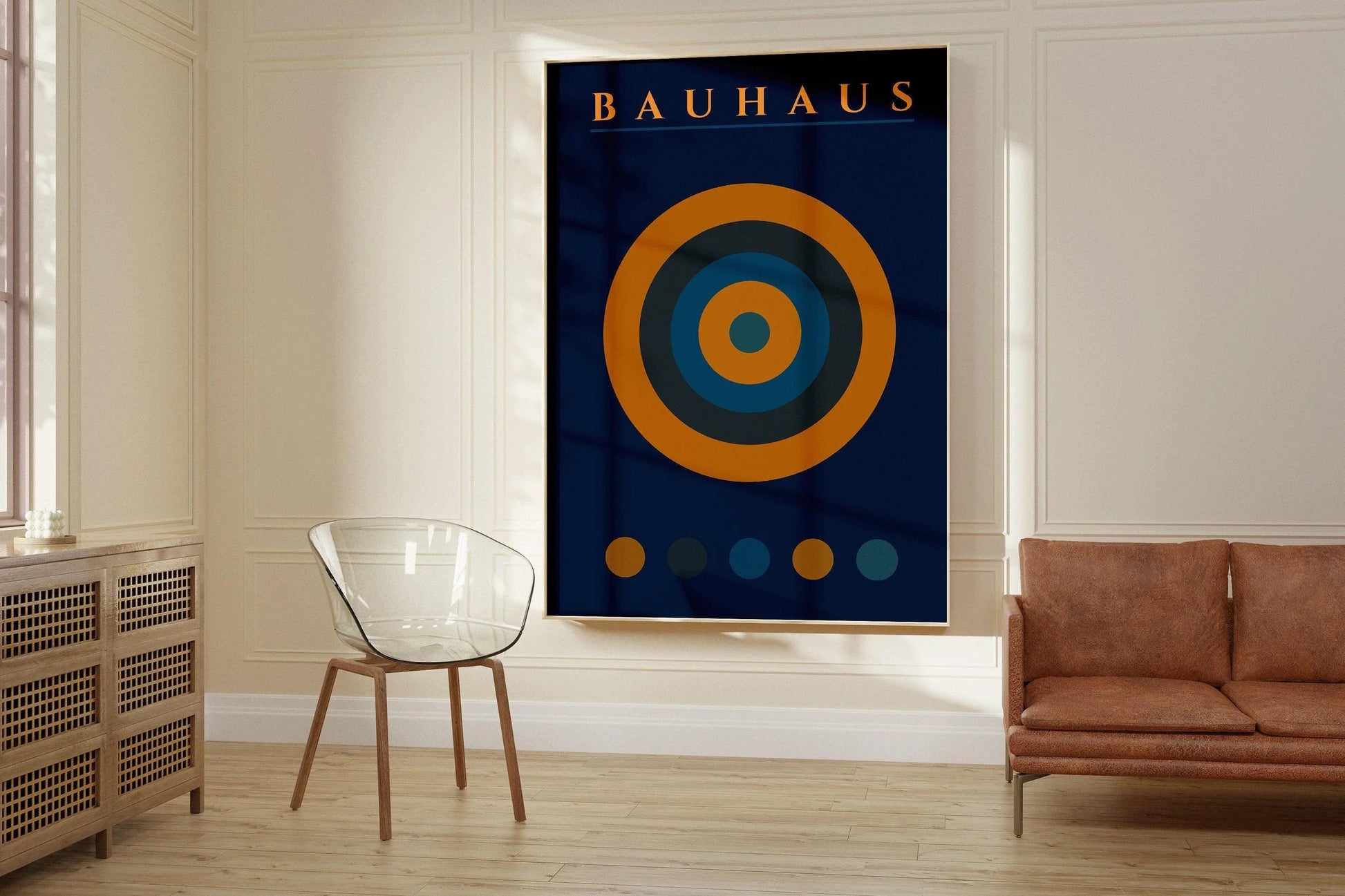 Affiche Bauhaus Target : Style moderne du milieu du siècle, bleu marine et orange
