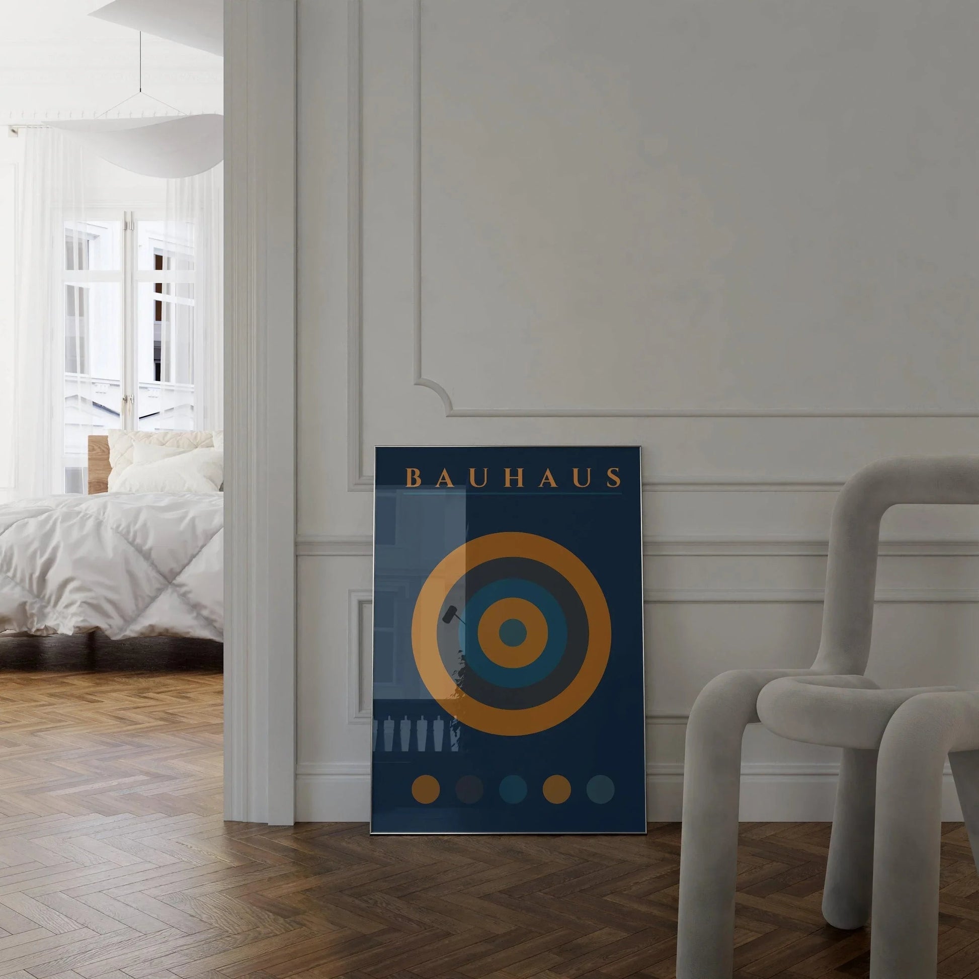 Affiche Bauhaus Target : Style moderne du milieu du siècle, bleu marine et orange
