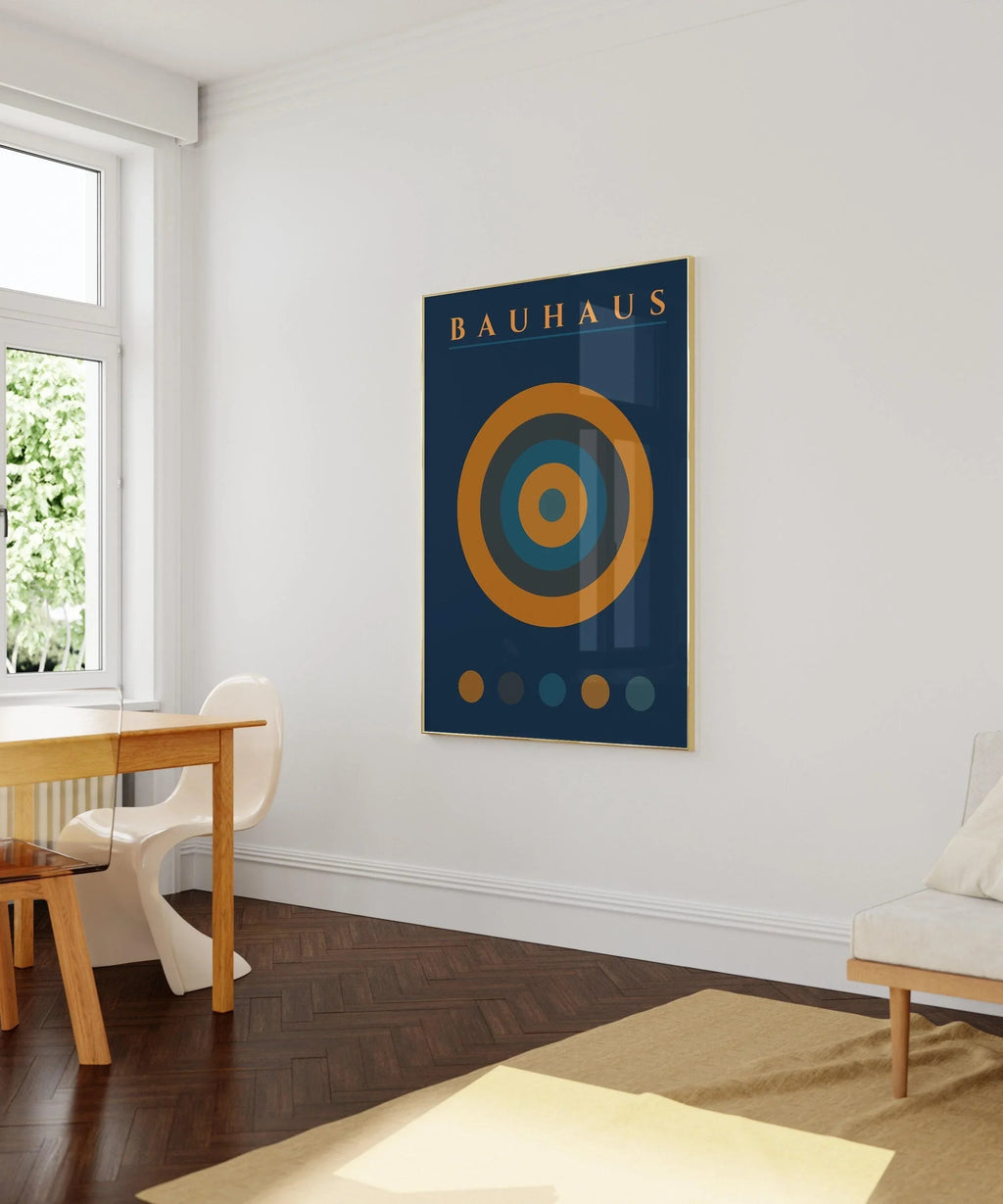 Affiche Bauhaus Target : Style moderne du milieu du siècle, bleu marine et orange
