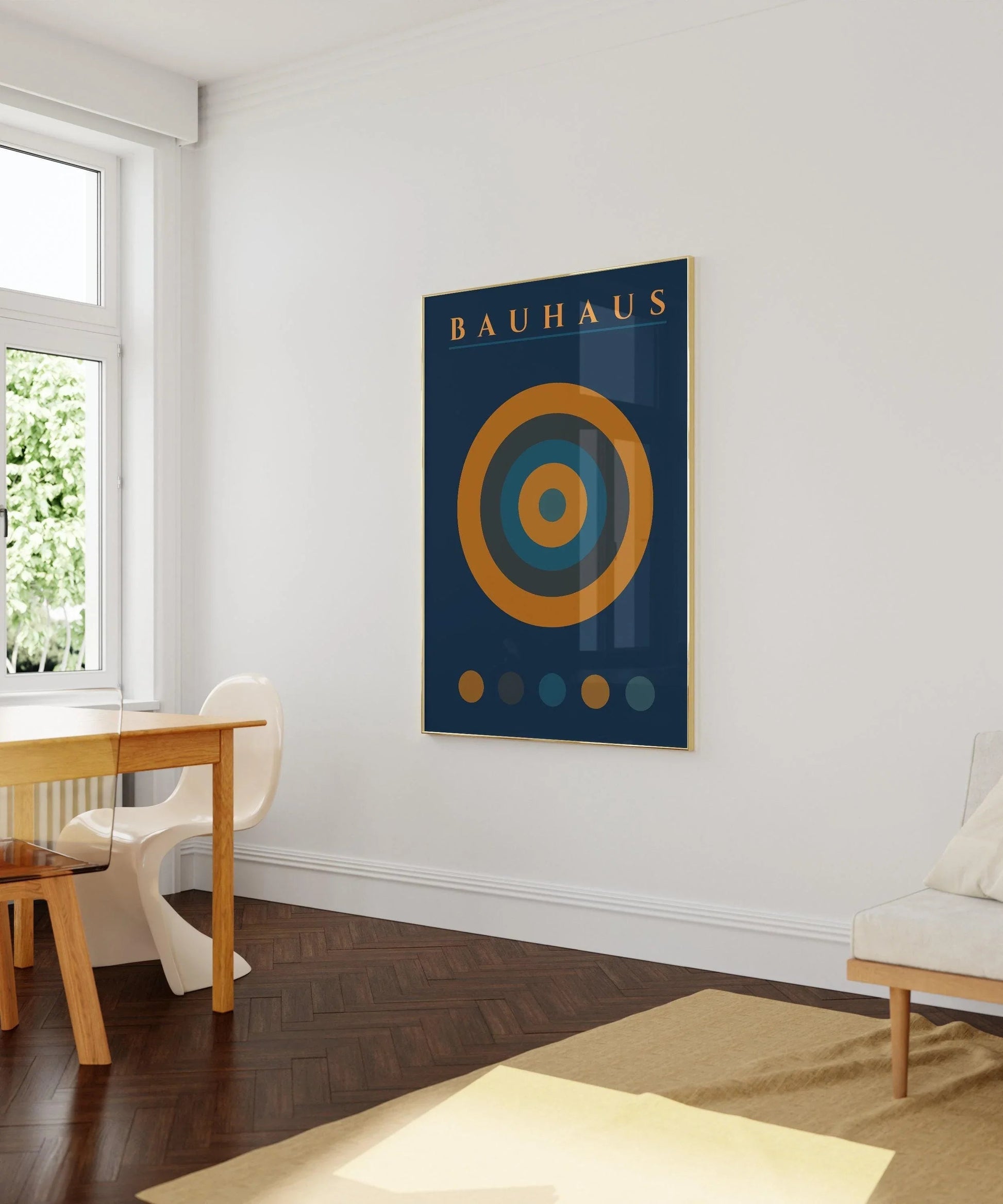 Affiche Bauhaus Target : Style moderne du milieu du siècle, bleu marine et orange