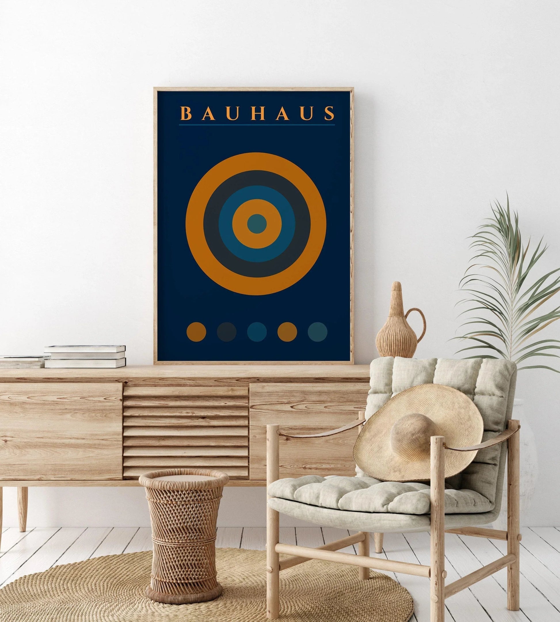 Affiche Bauhaus Target : Style moderne du milieu du siècle, bleu marine et orange