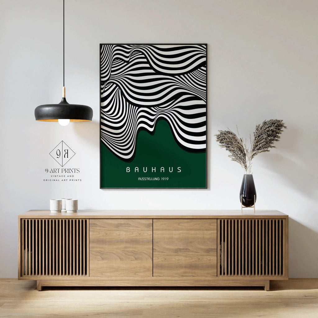 Affiche Bauhaus Waves : style moderne du milieu du XXe siècle, vert forêt