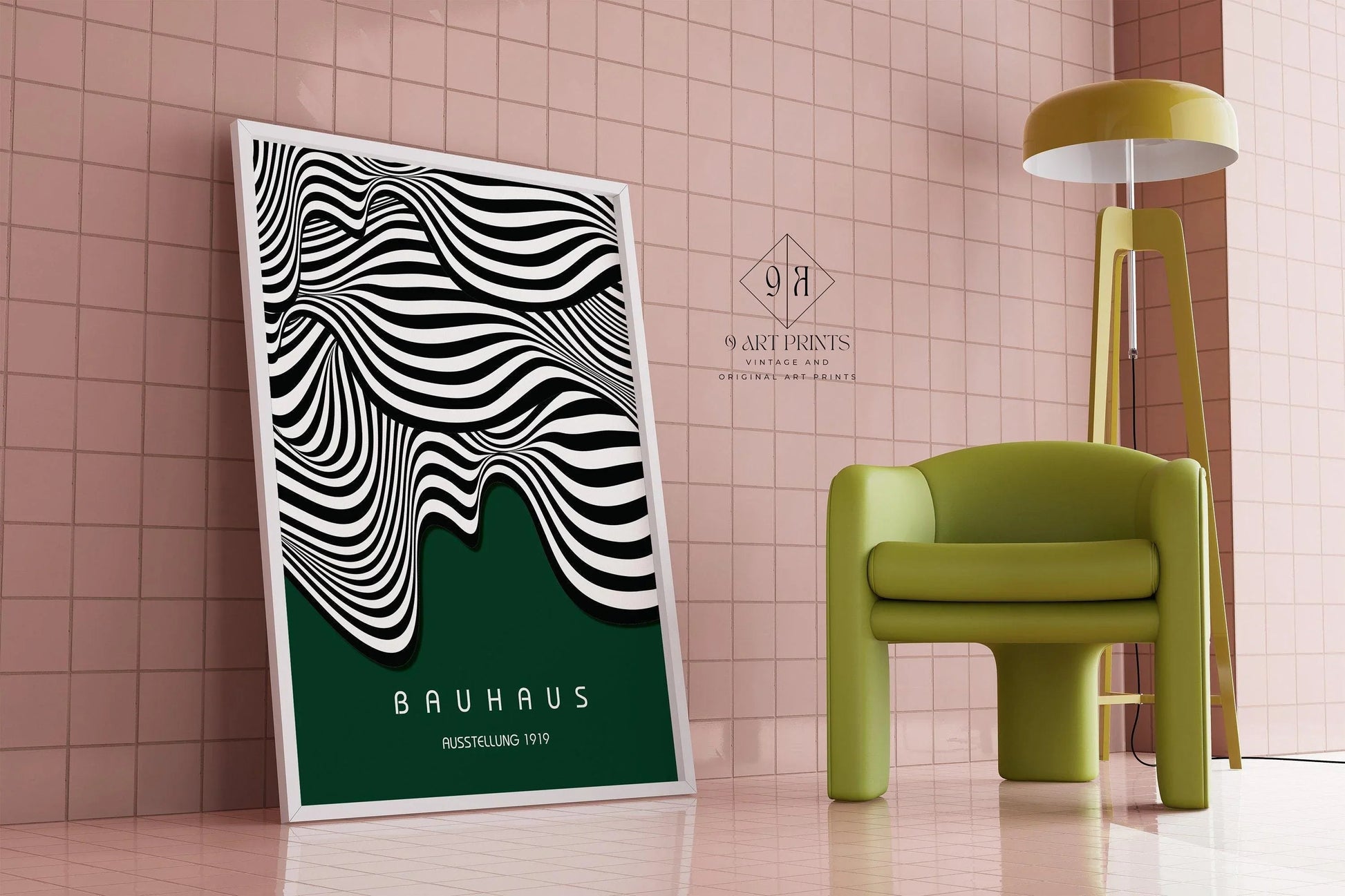 Affiche Bauhaus Waves : style moderne du milieu du XXe siècle, vert forêt