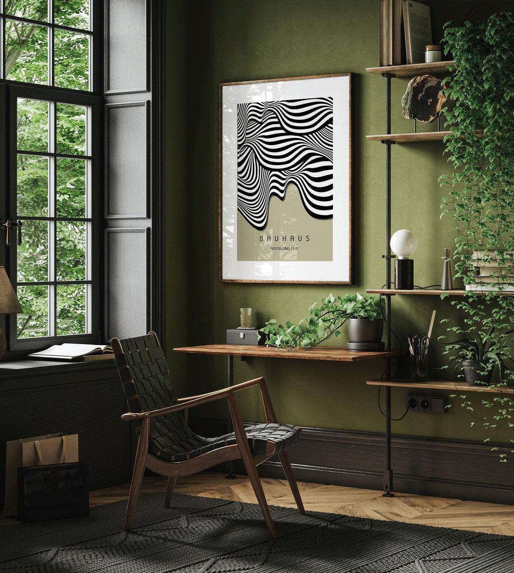 Affiche Bauhaus Waves : style moderne du milieu du XXe siècle, vert sauge