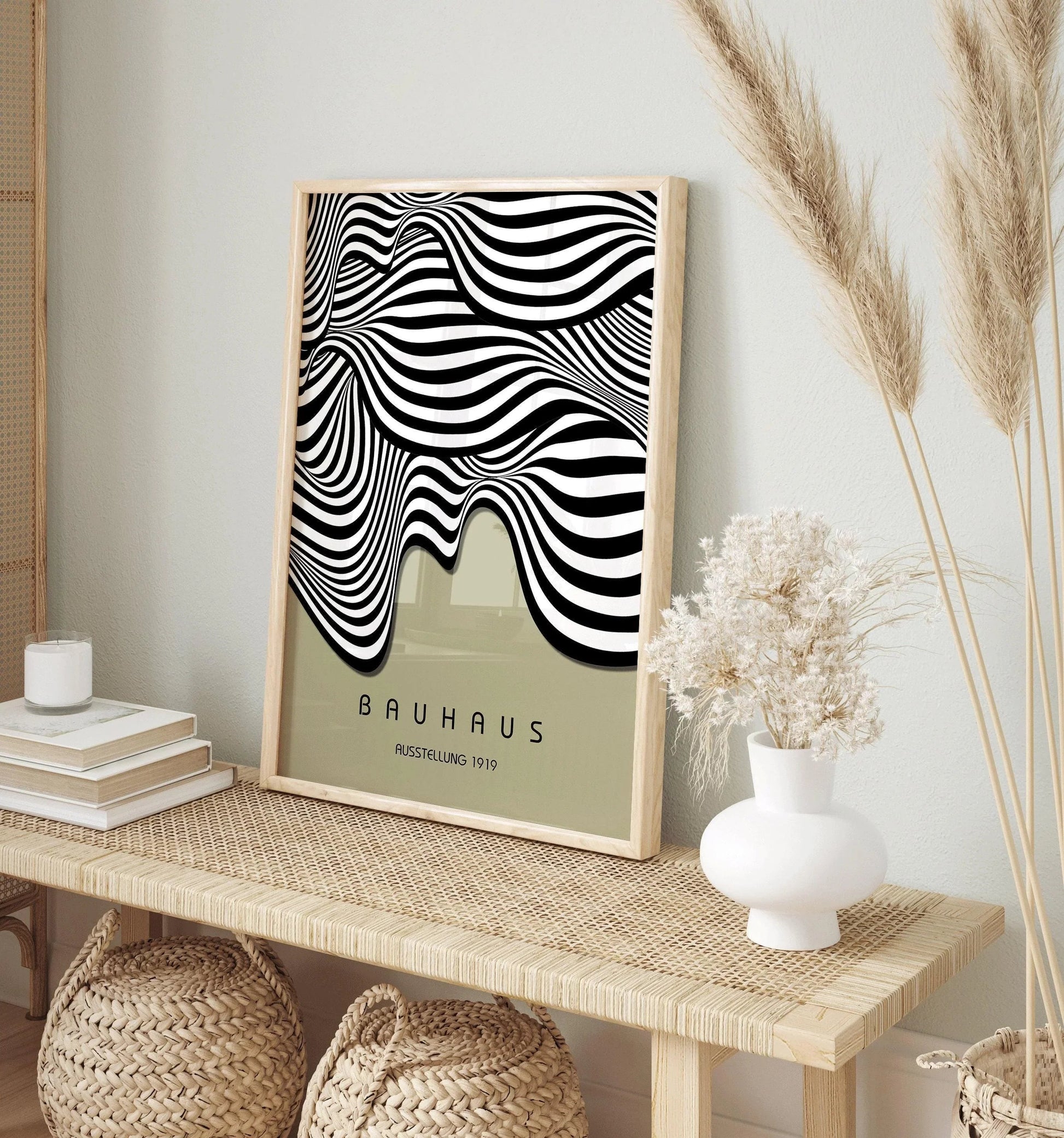 Affiche Bauhaus Waves : style moderne du milieu du XXe siècle, vert sauge