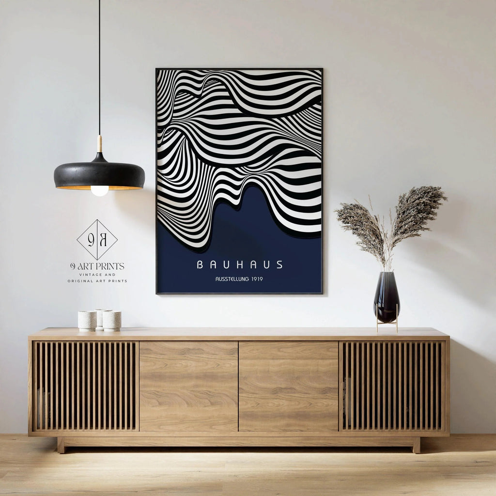 Estampe Bauhaus Waves : Impression giclée bleu marine style moderne du milieu du siècle