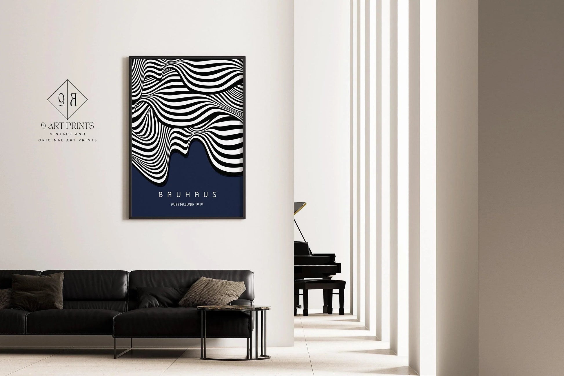 Estampe Bauhaus Waves : Impression giclée bleu marine style moderne du milieu du siècle
