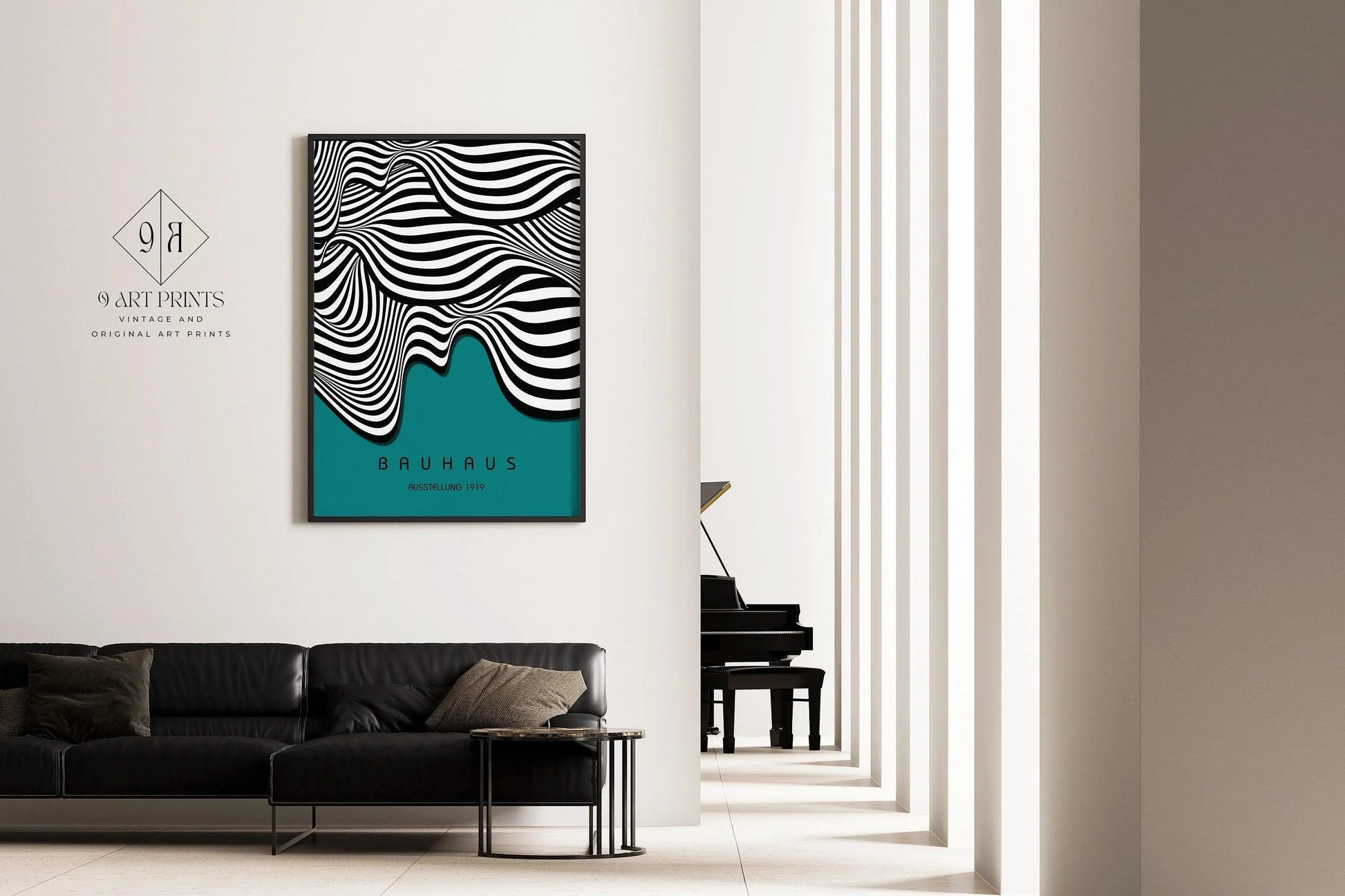 Affiche d'art Bauhaus Waves : style moderne du milieu du siècle, couleur turquoise.