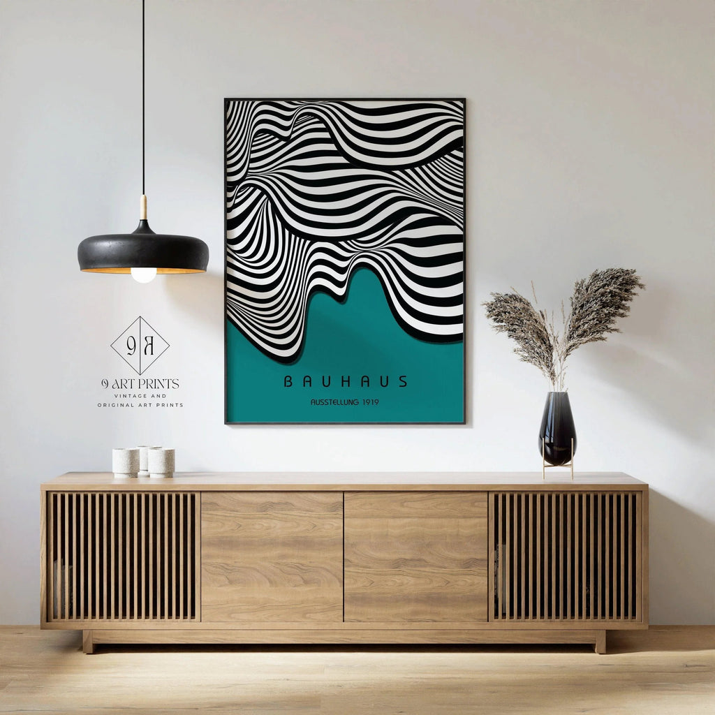 Affiche d'art Bauhaus Waves : style moderne du milieu du siècle, couleur turquoise.
