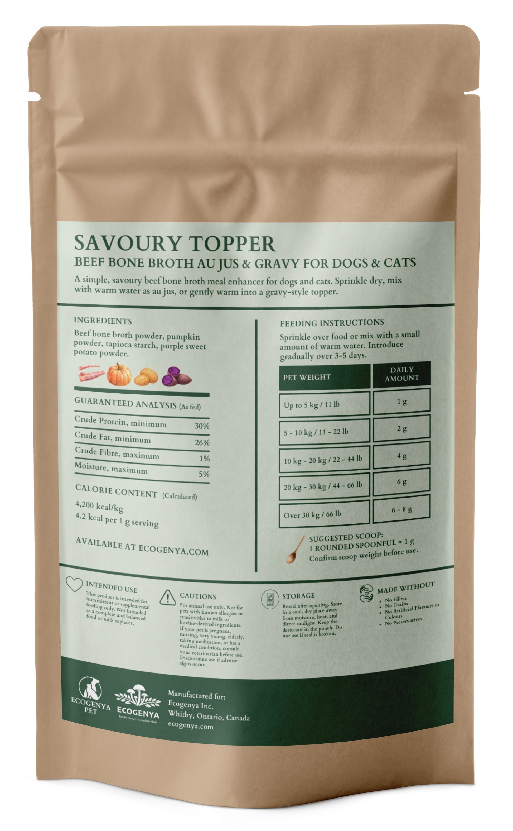 Ecogenya Savoury Topper Beef Bone Broth for Dogs & Cats — Au Jus & Gravy Meal Enhancer Powder, 100g–1kg