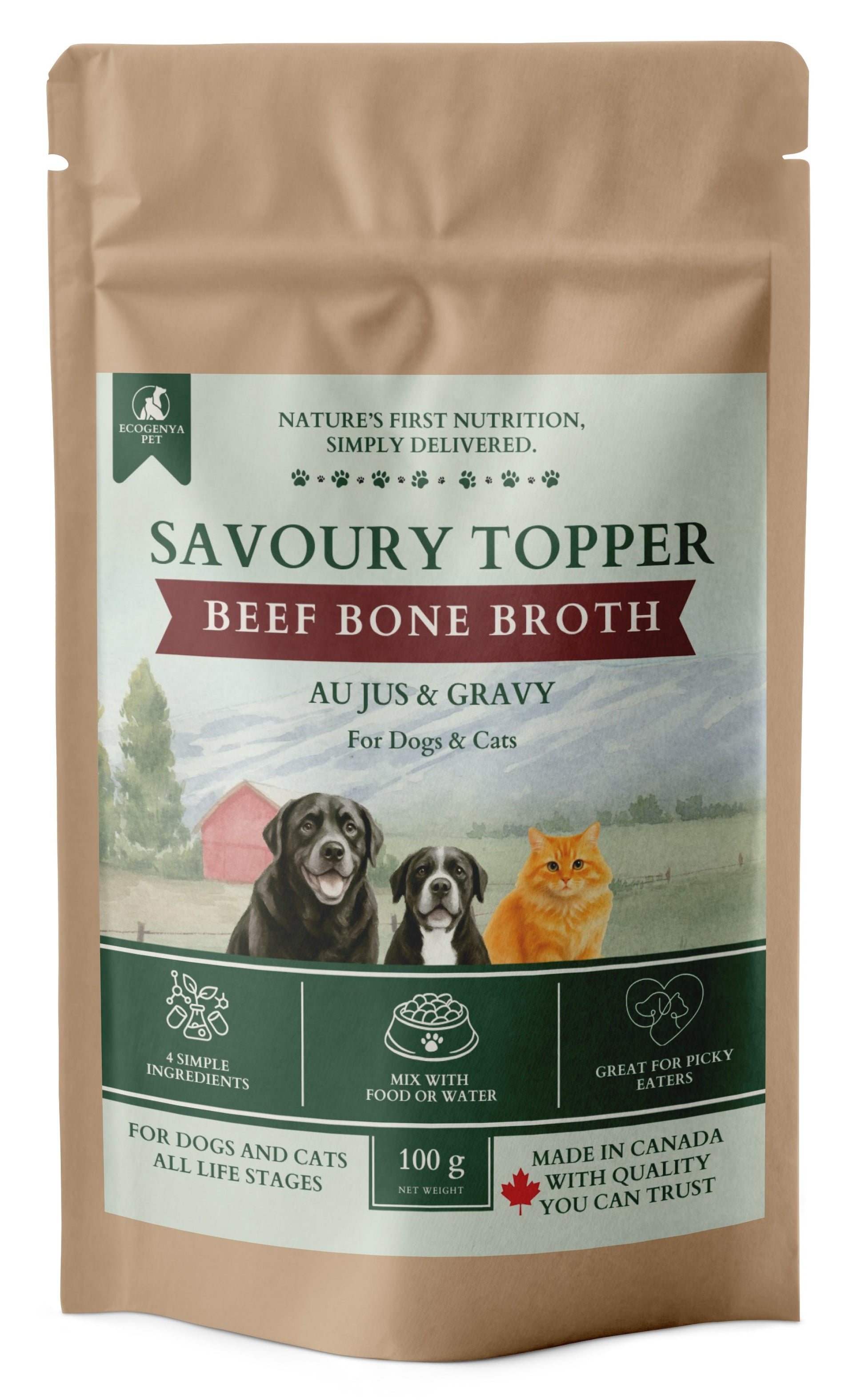 Ecogenya Savoury Topper Beef Bone Broth for Dogs & Cats — Au Jus & Gravy Meal Enhancer Powder, 100g–1kg