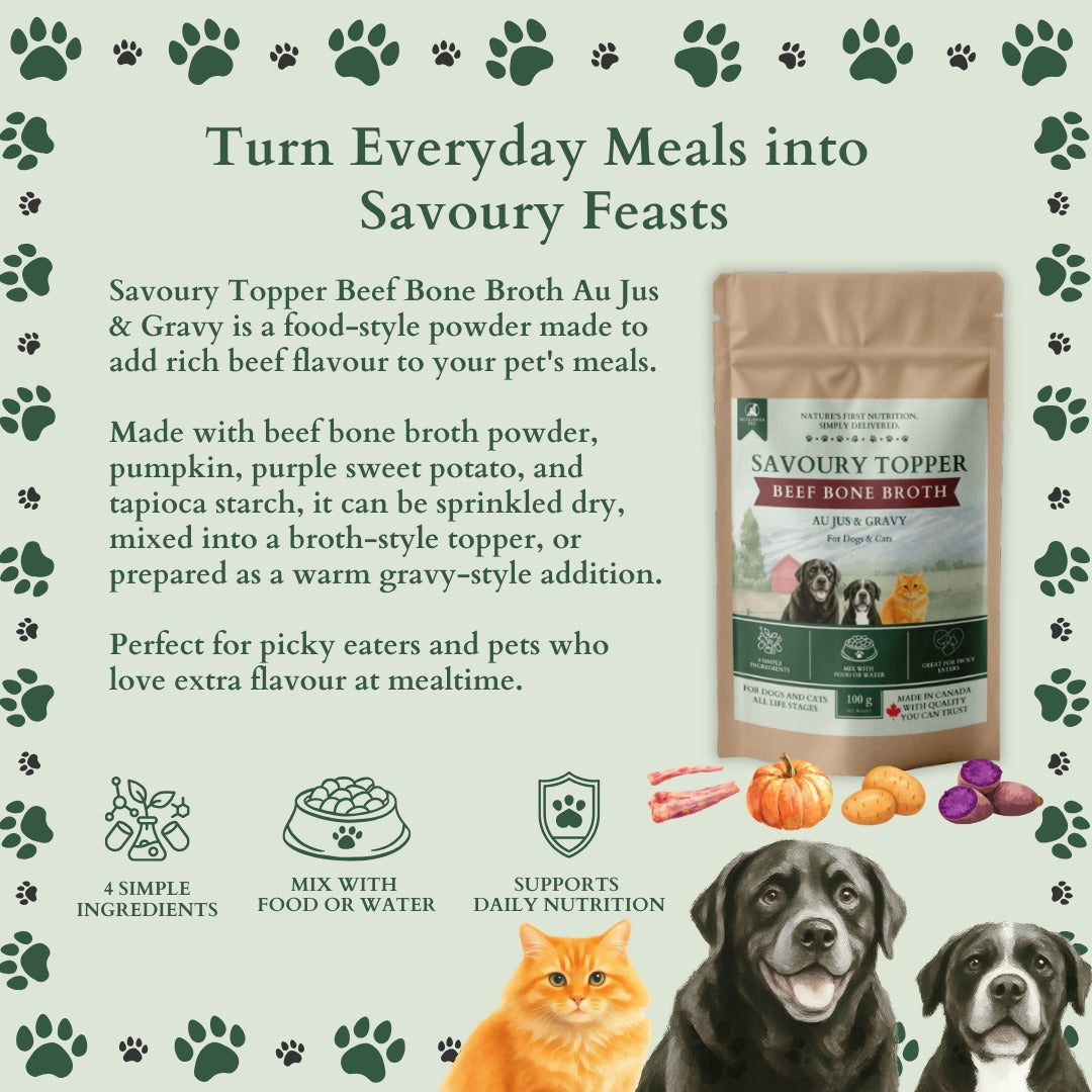 Ecogenya Savoury Topper Beef Bone Broth for Dogs & Cats — Au Jus & Gravy Meal Enhancer Powder, 100g–1kg