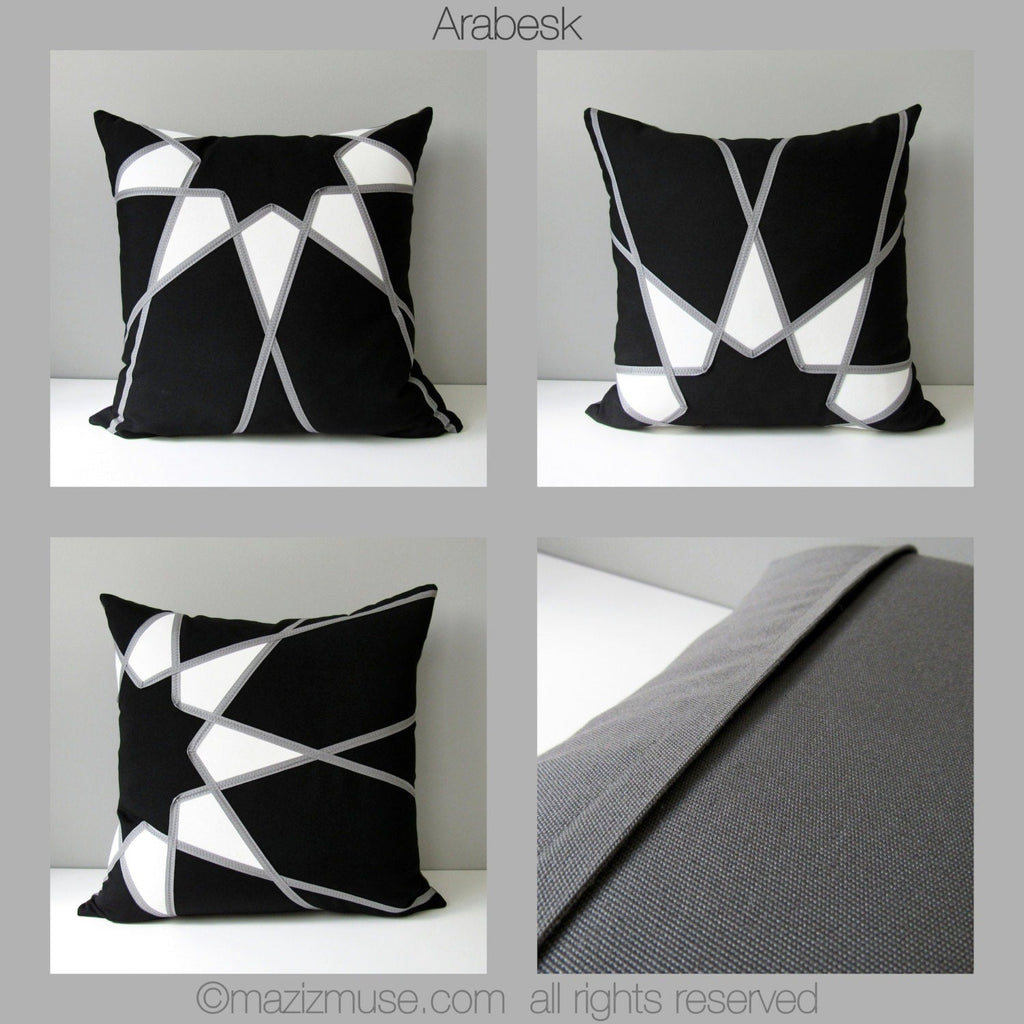 Housse de coussin d'extérieur moderne en tissu Sunbrella gris et bleu, coussins géométriques