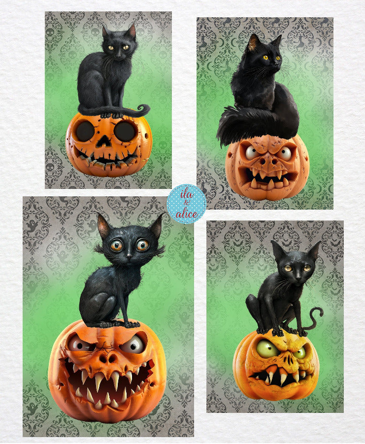 Cartes postales d'Halloween avec chats noirs et citrouilles