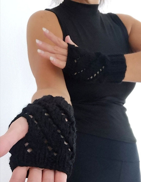 Black HandKnit Diagonal Eyelets Fingerless Gloves