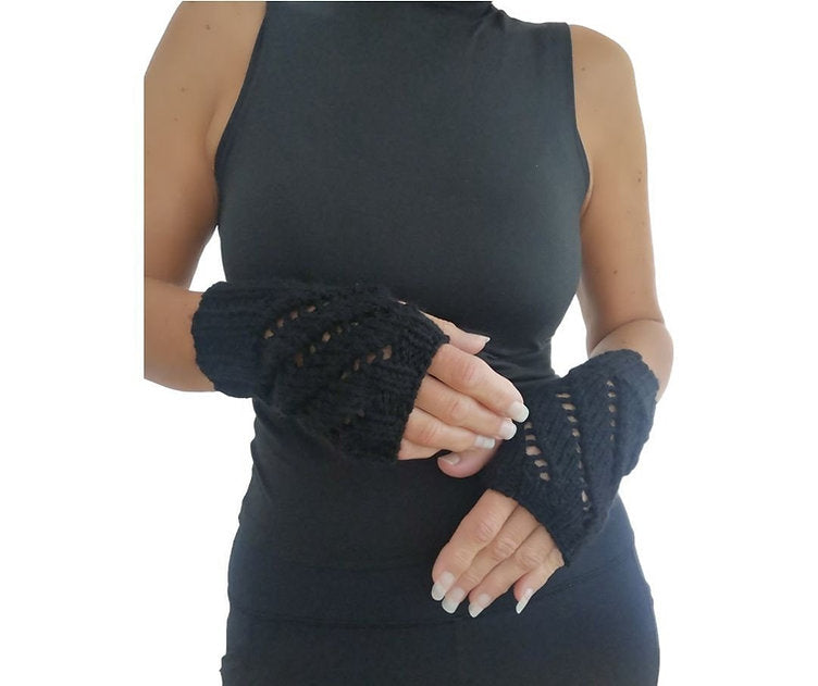 Black HandKnit Diagonal Eyelets Fingerless Gloves