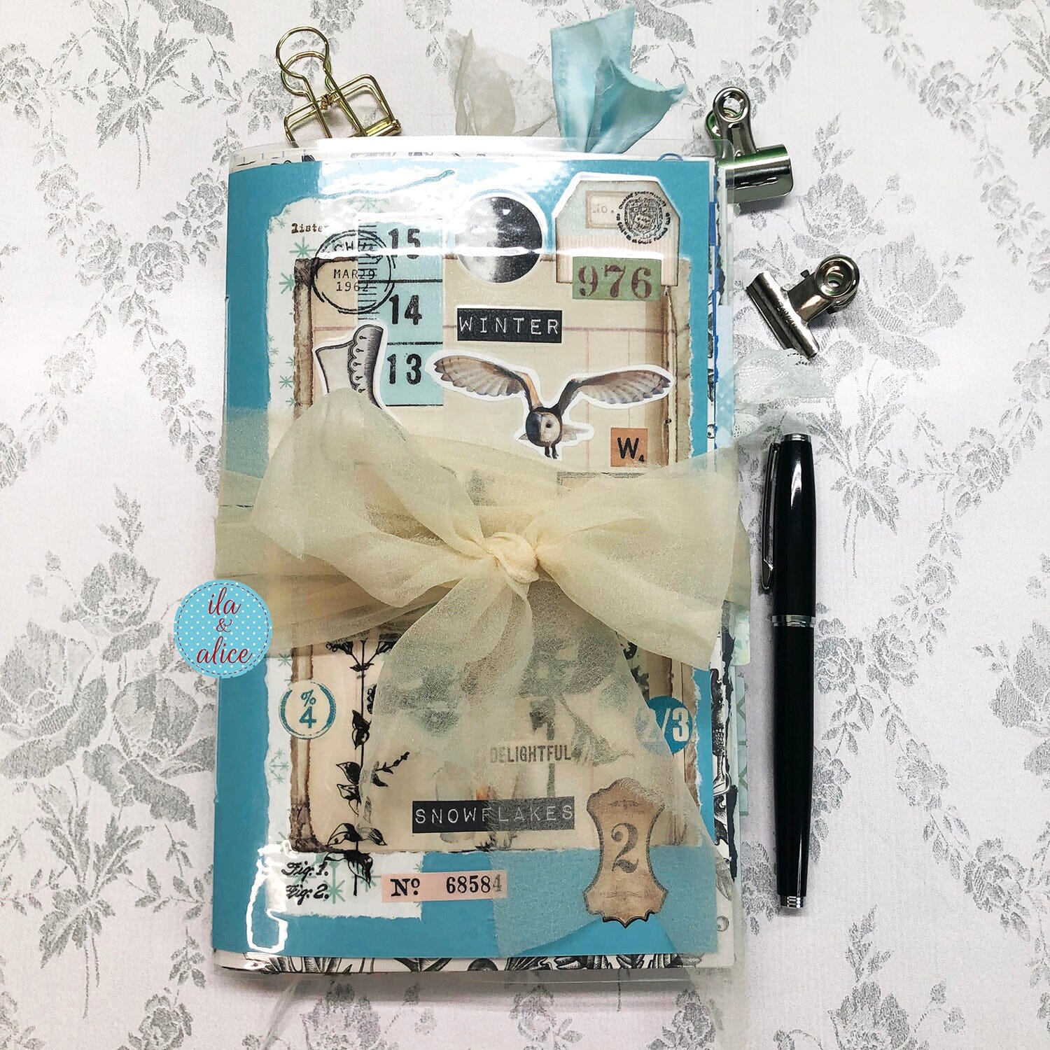 Pretty Blue Winter Junk Journal with Owl & Hare Collage Cover