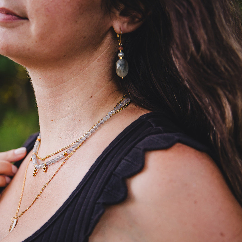 Boucles d'oreilles labradorite dorées pendantes 18K | ATHÉNA