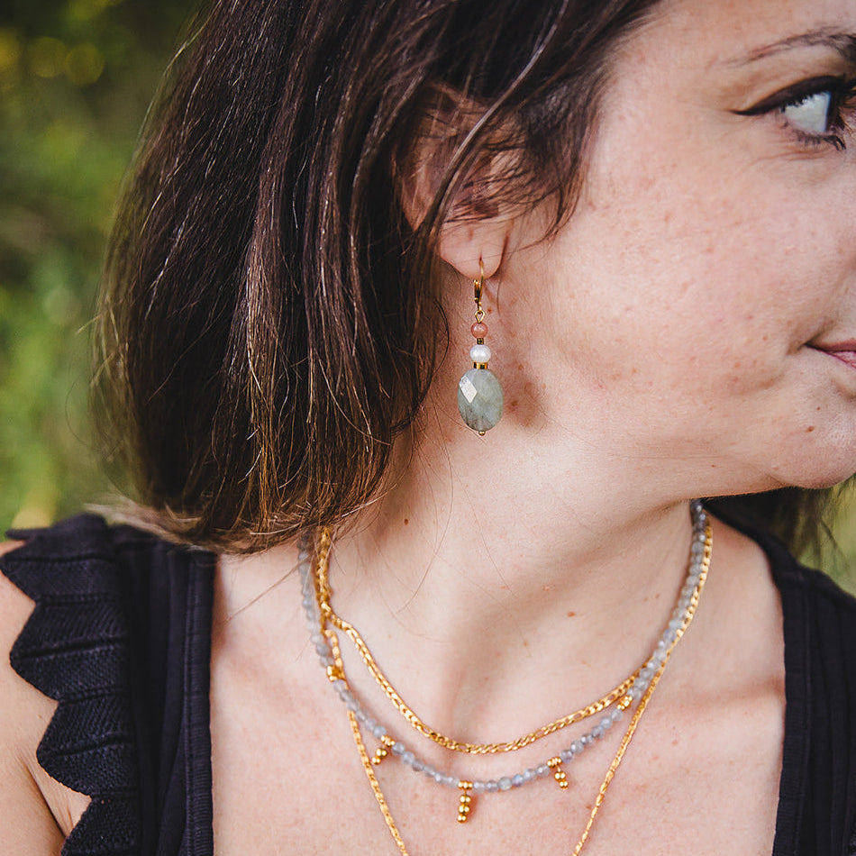 Boucles d'oreilles labradorite dorées pendantes 18K | ATHÉNA