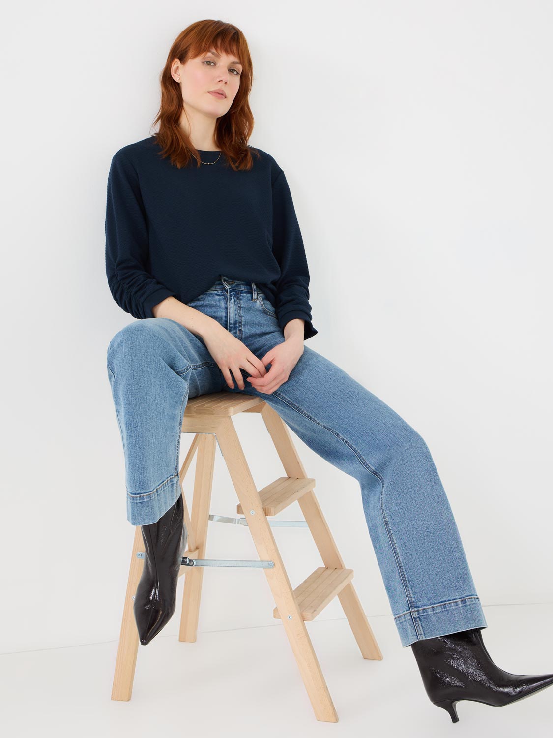 3/4 Ruched Sleeve Jacquard Sweatshirt