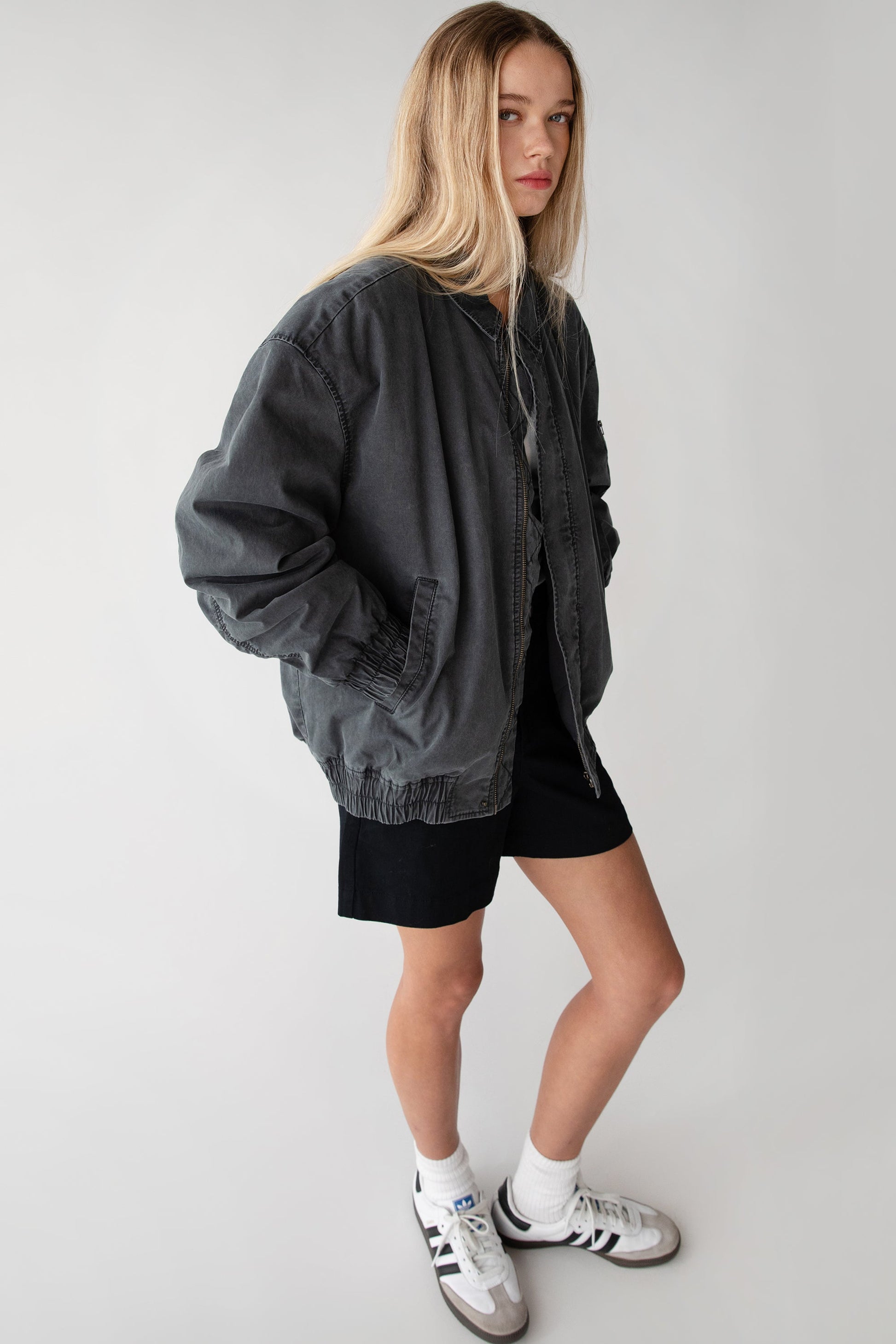 WASHED EFFECT COTTON UTILITY BOMBER JACKET