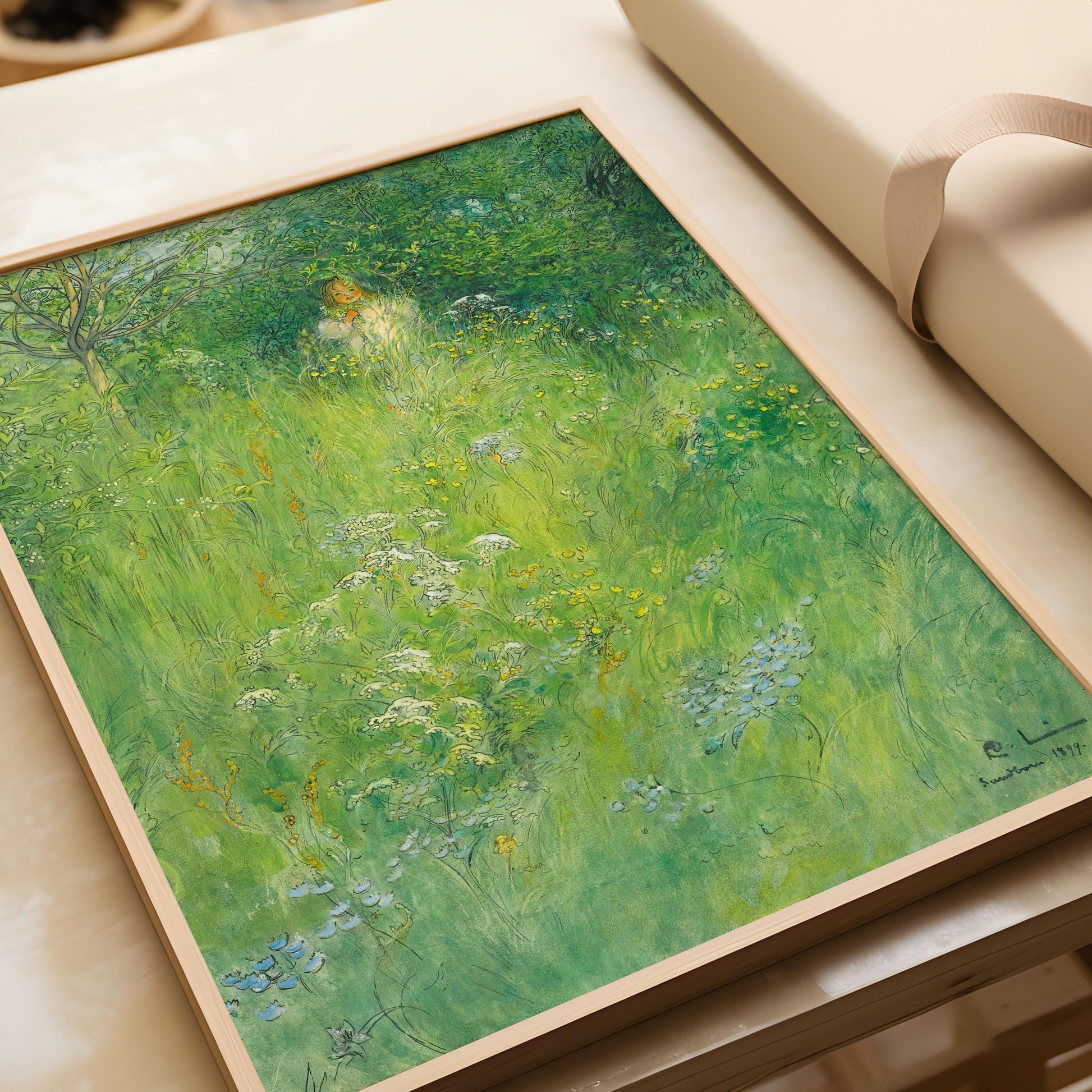 Carl Larsson Print: Kersti in the Meadow, Green Fairytale Art