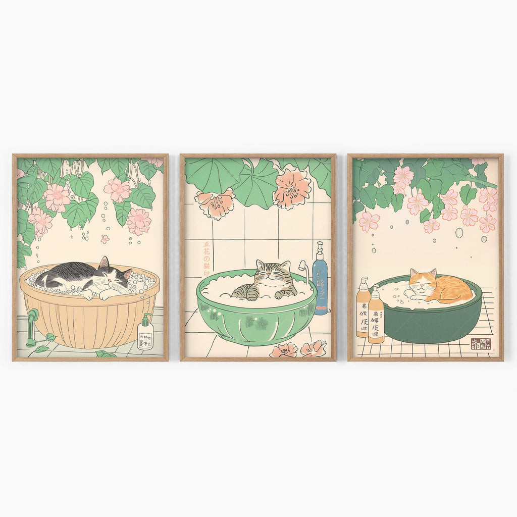 Japanese Cat Spa Print Set of 3 – Japandi Bathroom Wall Art Posters