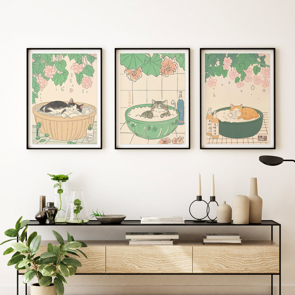 Japanese Cat Spa Print Set of 3 – Japandi Bathroom Wall Art Posters