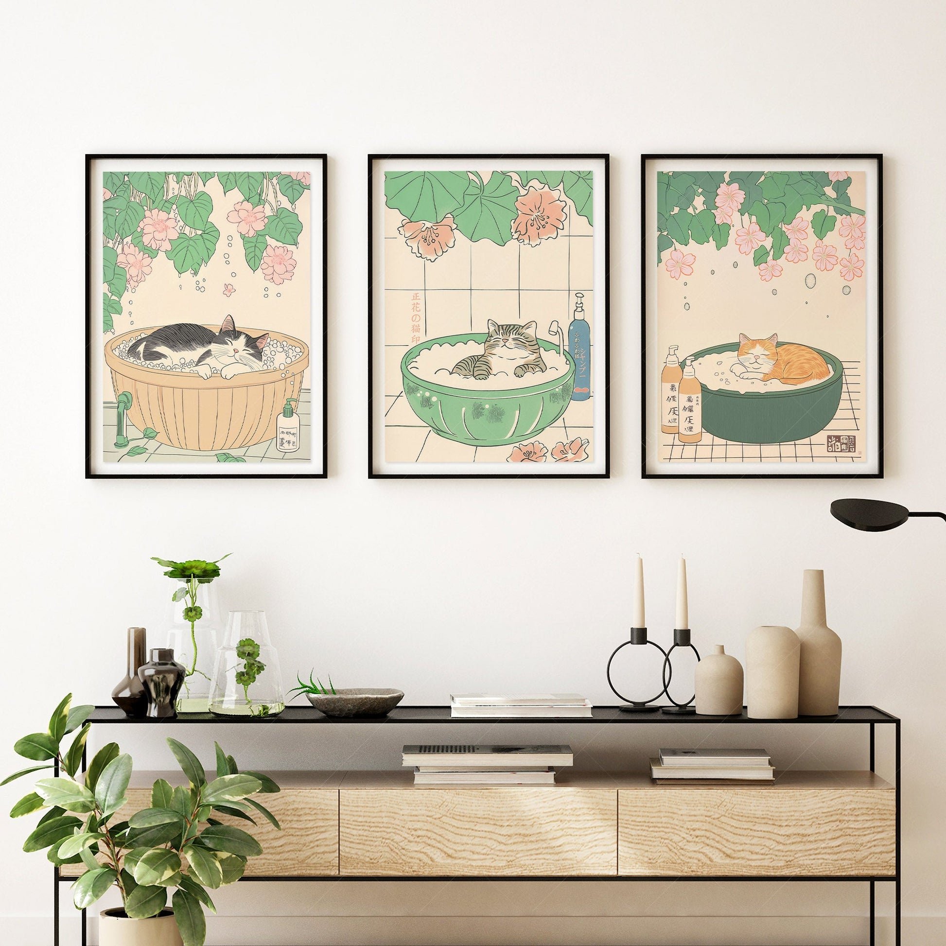 Japanese Cat Spa Print Set of 3 – Japandi Bathroom Wall Art Posters