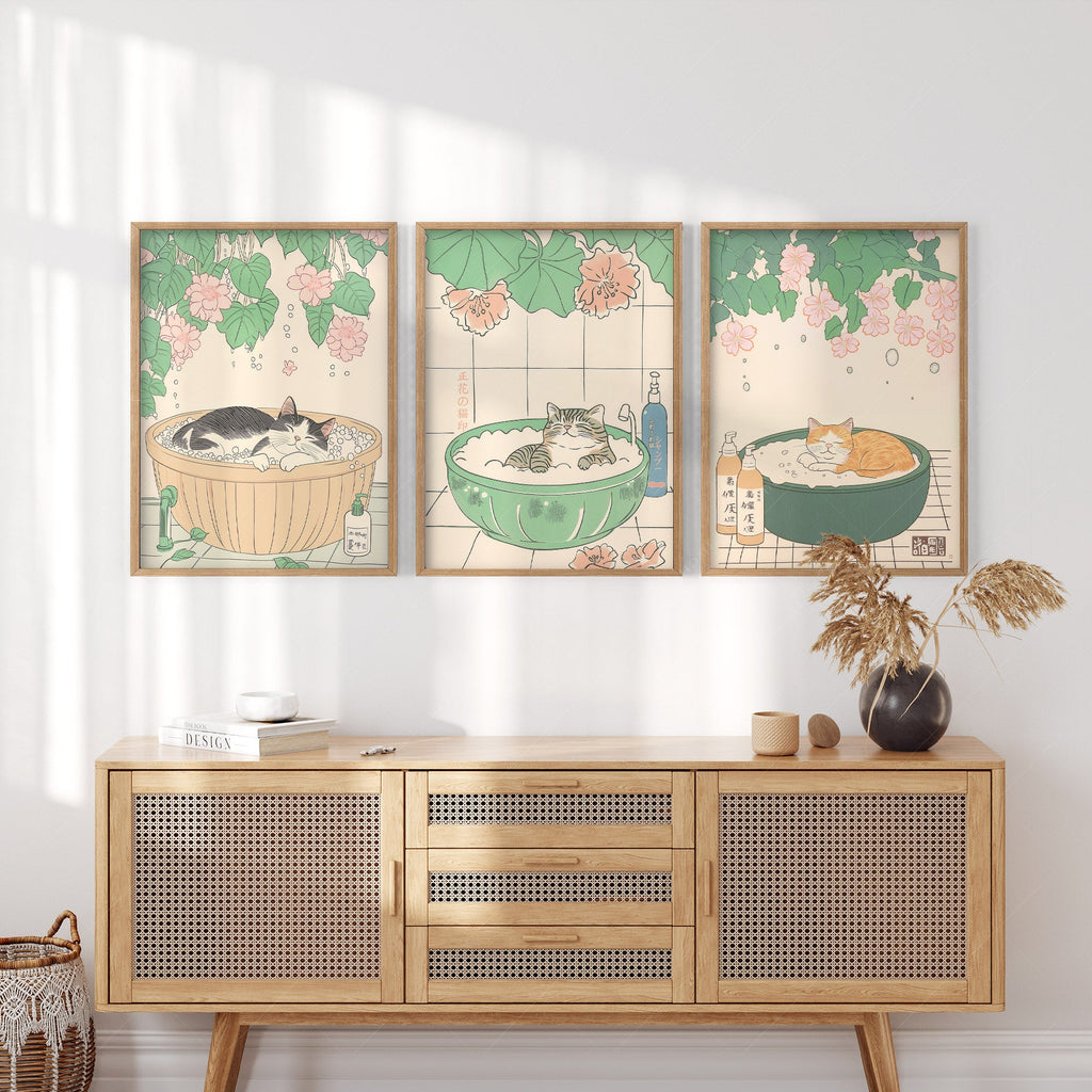 Japanese Cat Spa Print Set of 3 – Japandi Bathroom Wall Art Posters