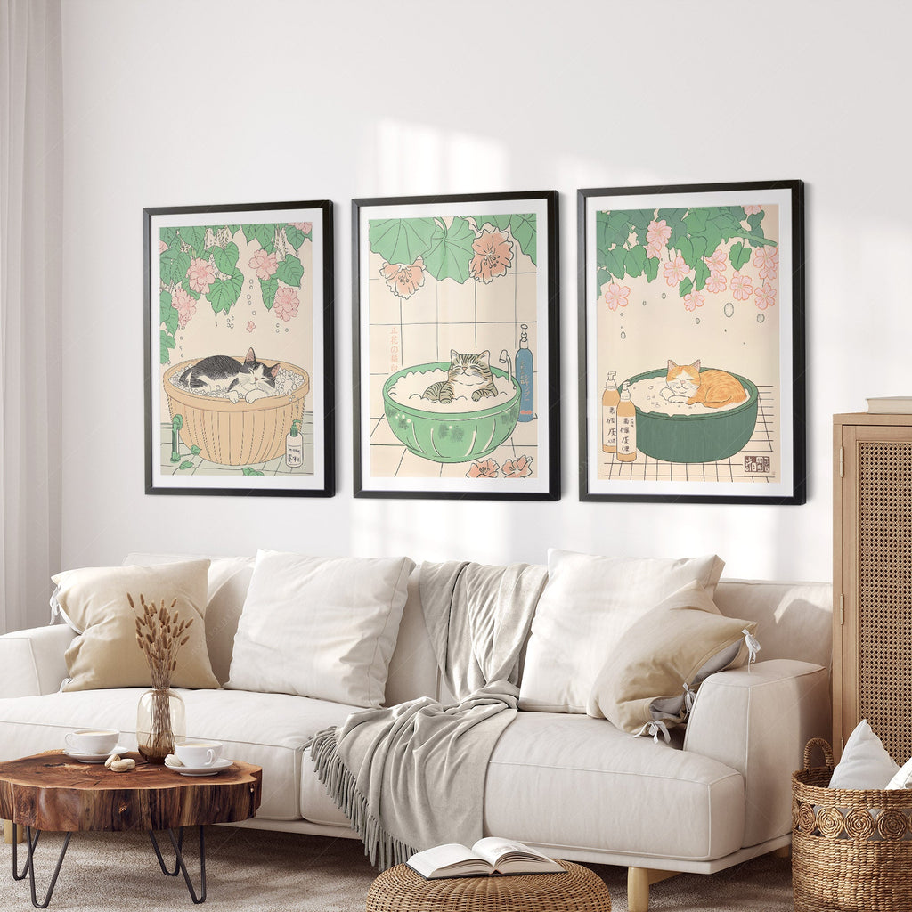 Japanese Cat Spa Print Set of 3 – Japandi Bathroom Wall Art Posters